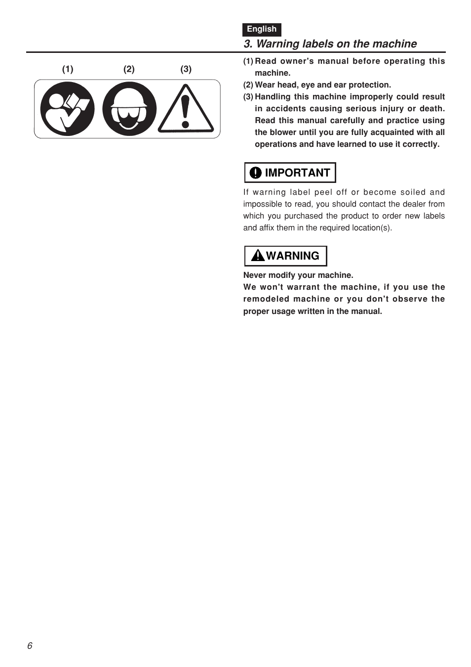 Warning labels on the machine, Warning important | Zenoah EBZ5100 User Manual | Page 6 / 60