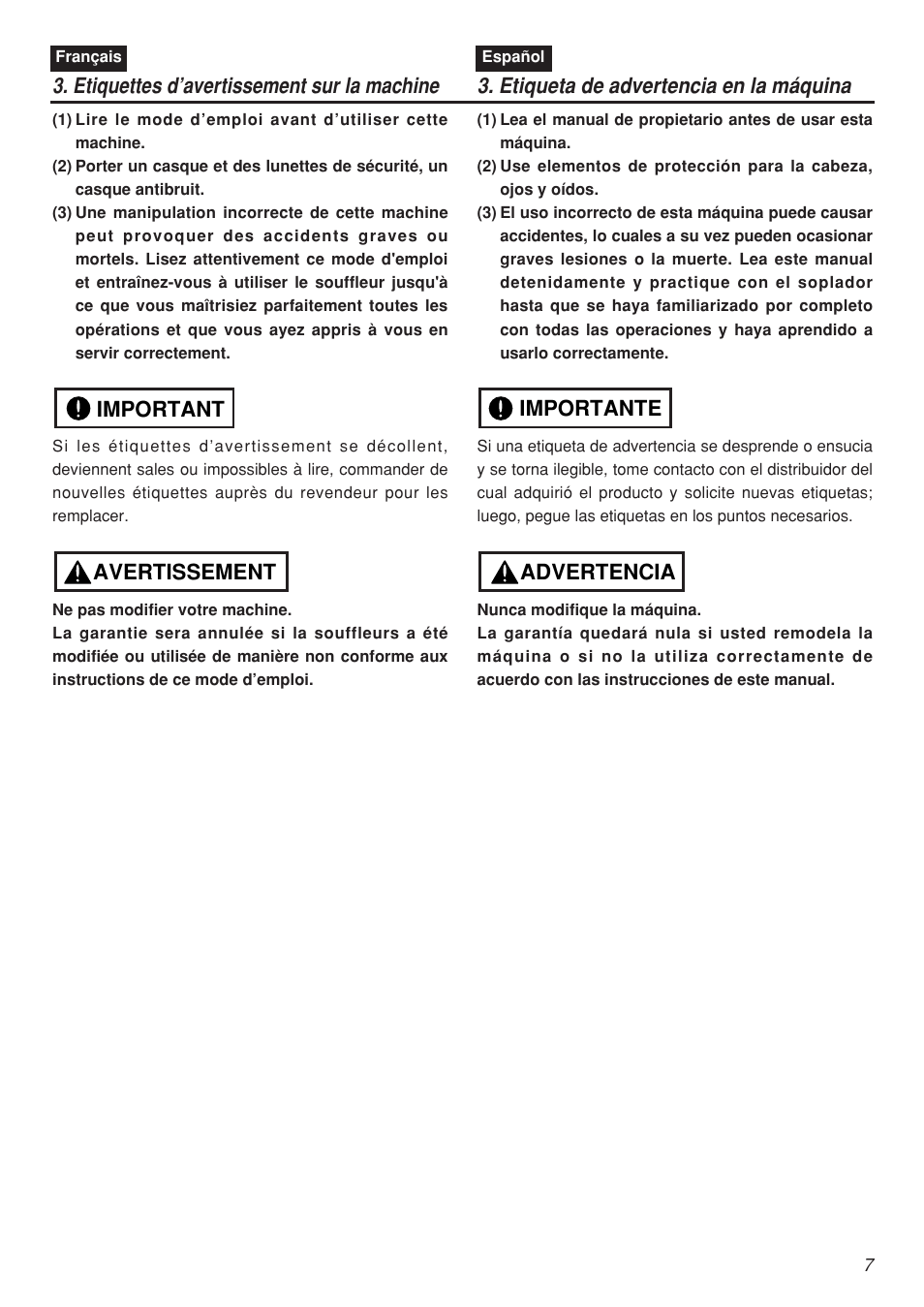 Avertissement important, Advertencia importante | Zenoah EBZ5100 User Manual | Page 7 / 60