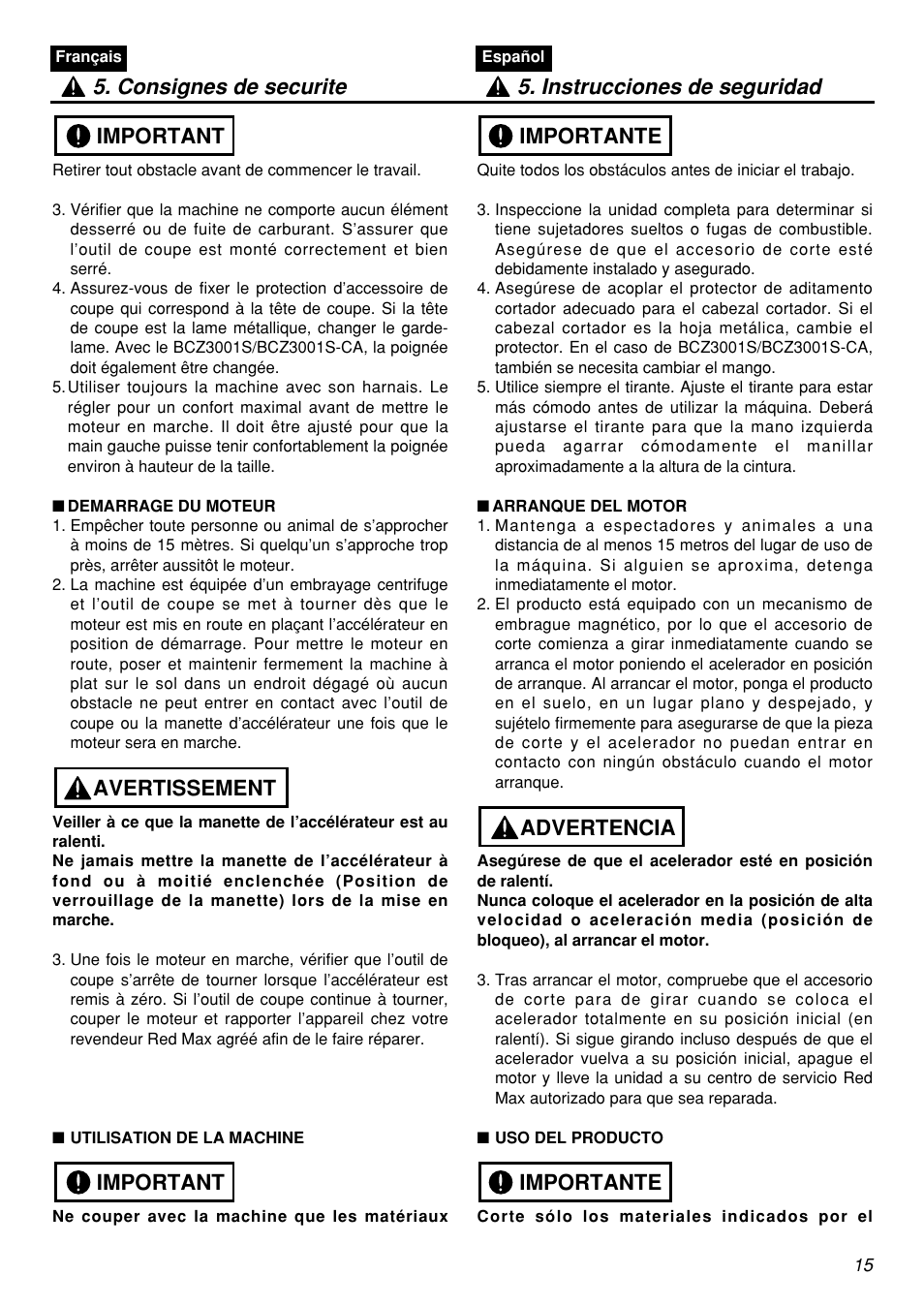Important avertissement important | Zenoah BCZ3001S-CA User Manual | Page 15 / 68