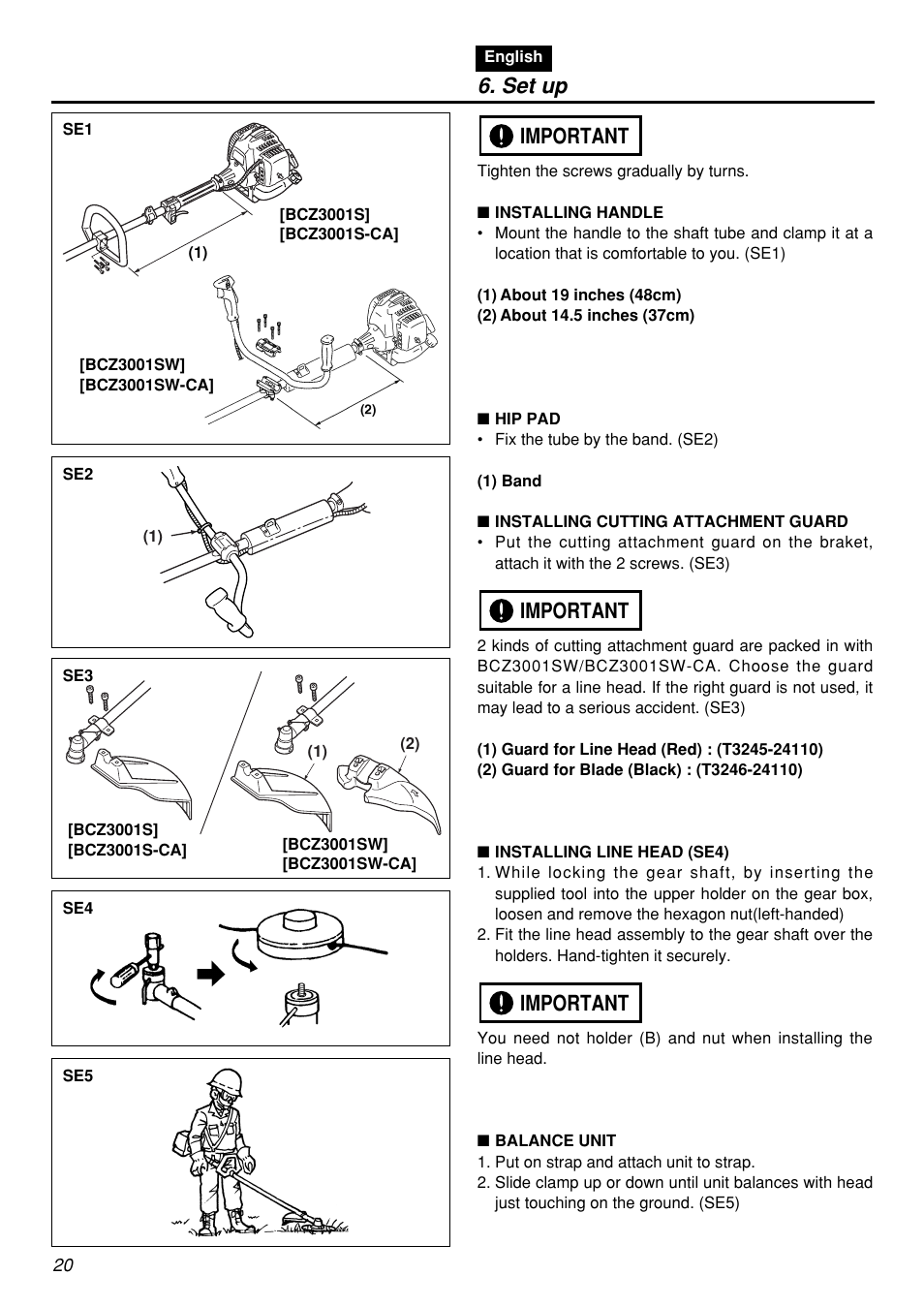 Set up, Important | Zenoah BCZ3001S-CA User Manual | Page 20 / 68