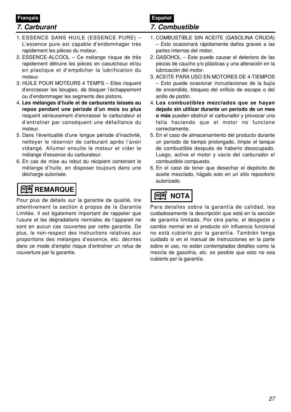 Remarque, Nota 7. carburant 7. combustible | Zenoah BCZ3001S-CA User Manual | Page 27 / 68
