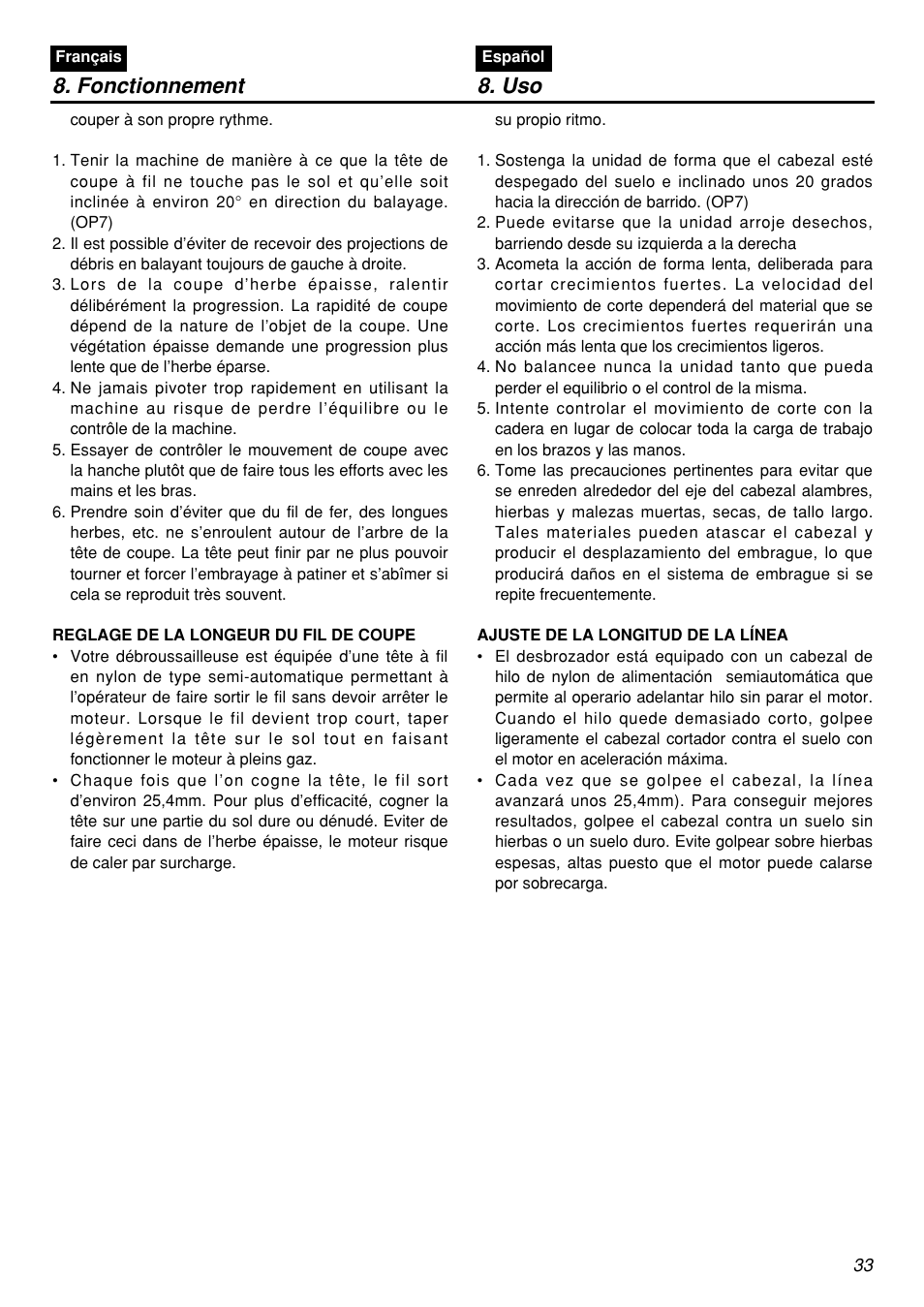 Fonctionnement 8. uso | Zenoah BCZ3001S-CA User Manual | Page 33 / 68