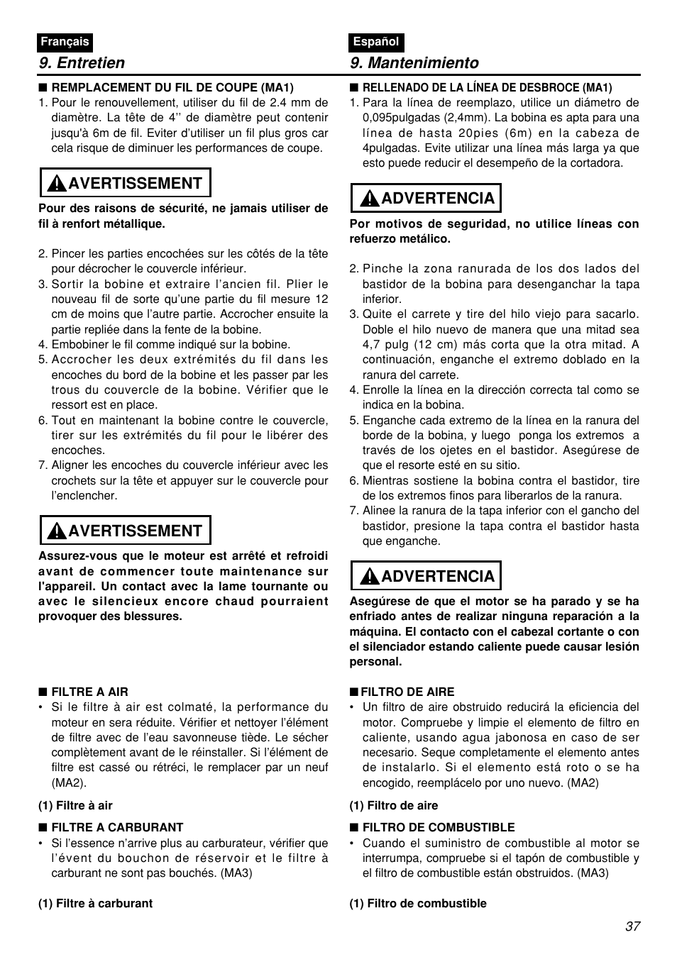 Entretien 9. mantenimiento, Avertissement, Advertencia | Zenoah BCZ3001S-CA User Manual | Page 37 / 68