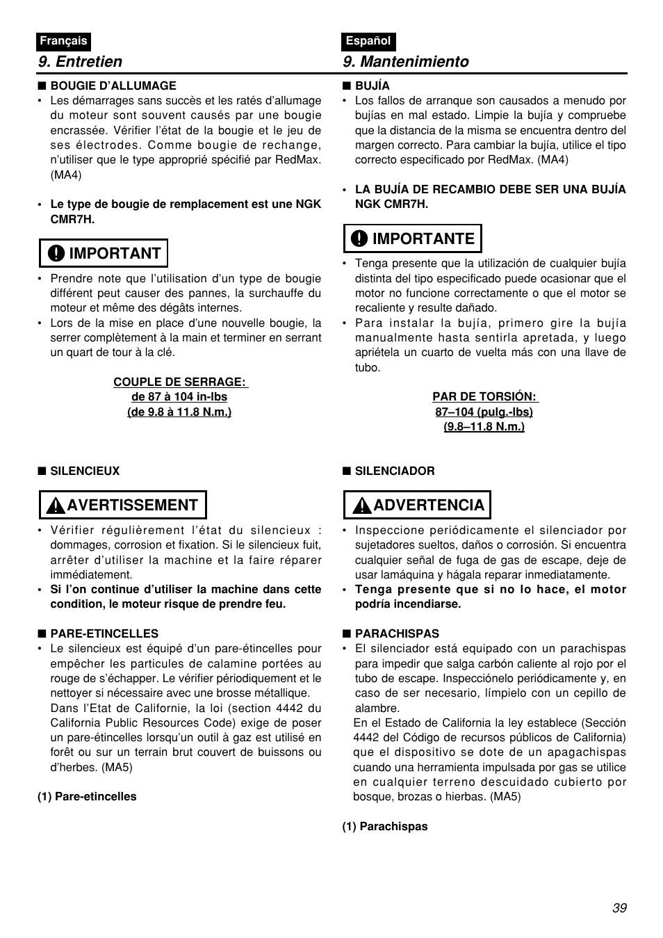 Entretien 9. mantenimiento, Avertissement important, Advertencia importante | Zenoah BCZ3001S-CA User Manual | Page 39 / 68