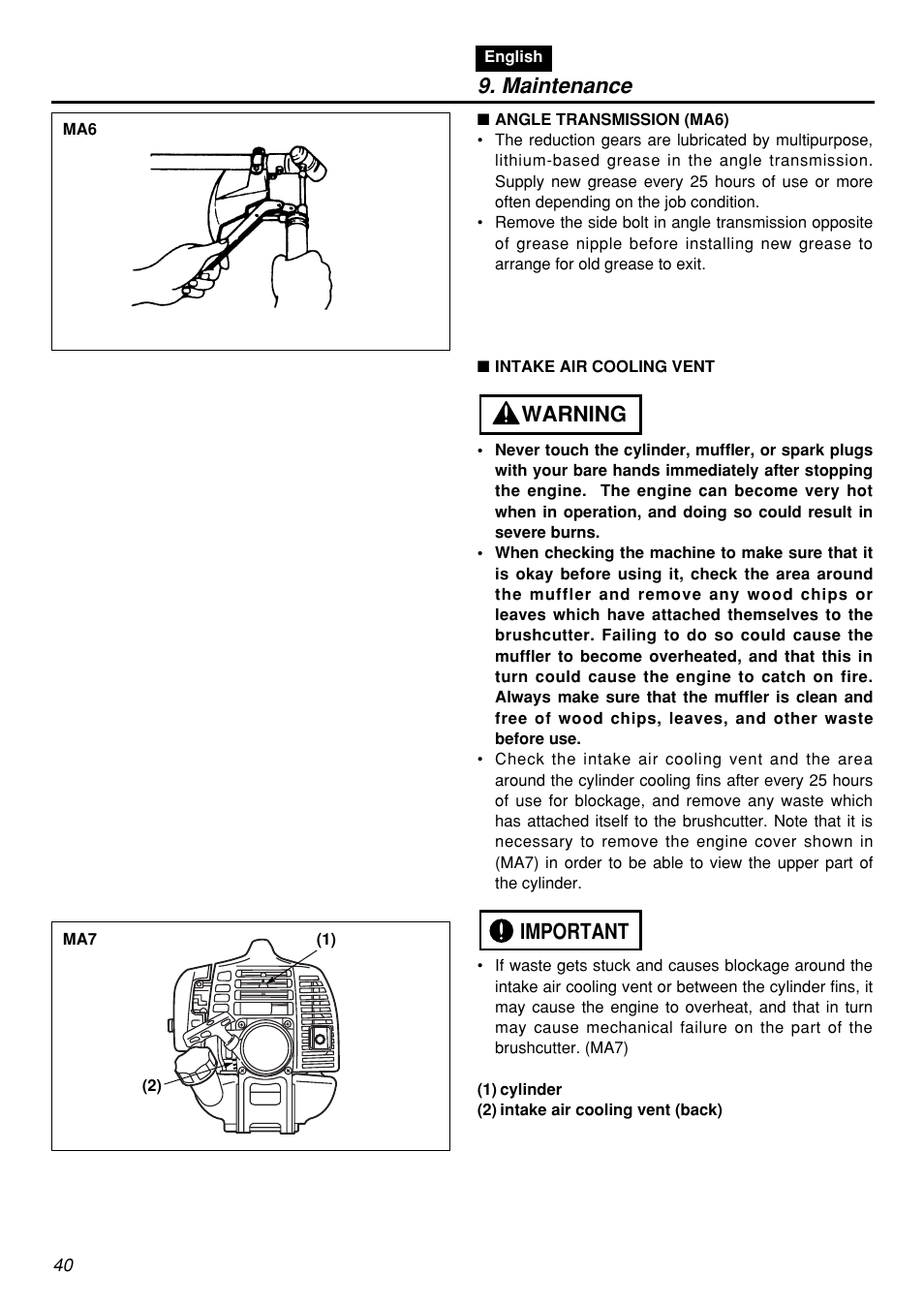 Maintenance, Important warning | Zenoah BCZ3001S-CA User Manual | Page 40 / 68