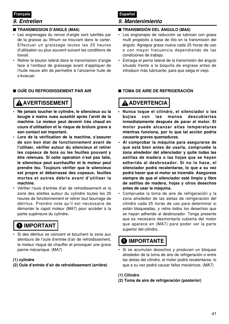 Entretien 9. mantenimiento, Important avertissement, Importante advertencia | Zenoah BCZ3001S-CA User Manual | Page 41 / 68