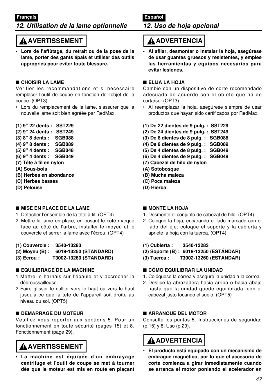 Avertissement, Advertencia | Zenoah BCZ3001S-CA User Manual | Page 47 / 68