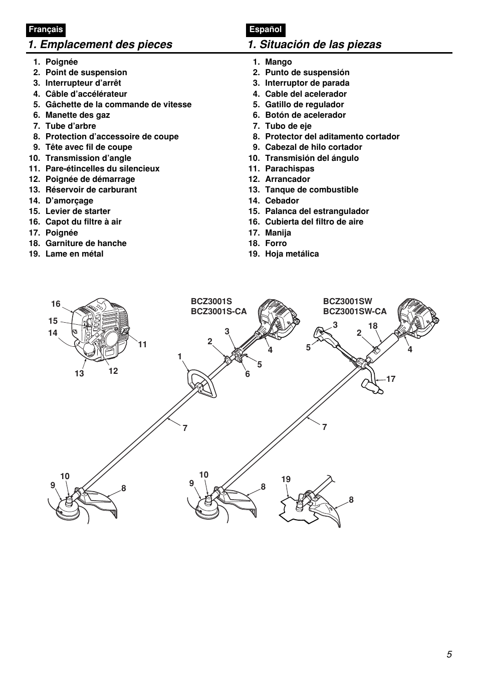 Emplacement des pieces 1. situación de las piezas | Zenoah BCZ3001S-CA User Manual | Page 5 / 68
