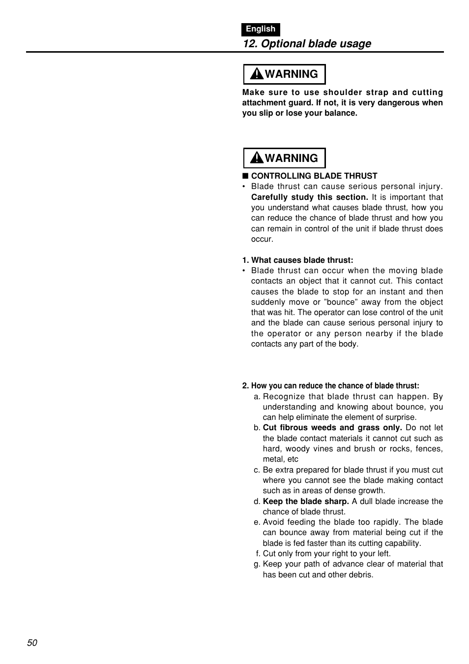 Optional blade usage, Warning | Zenoah BCZ3001S-CA User Manual | Page 50 / 68