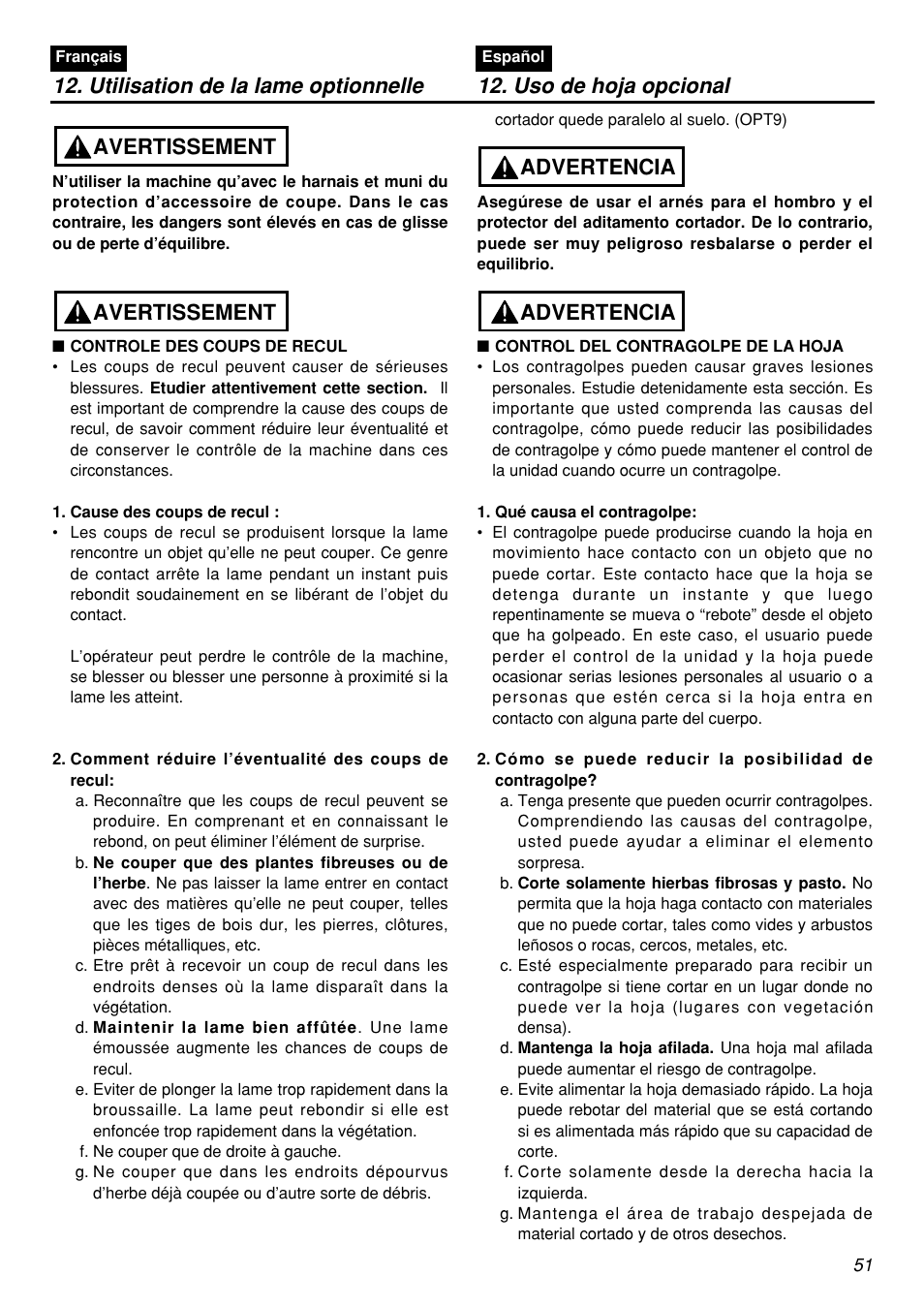 Avertissement, Advertencia | Zenoah BCZ3001S-CA User Manual | Page 51 / 68