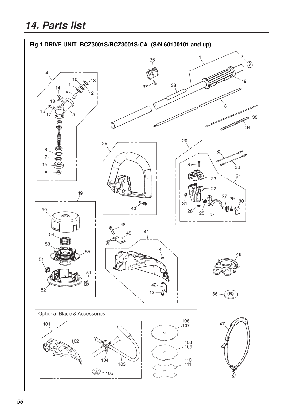 Parts list | Zenoah BCZ3001S-CA User Manual | Page 56 / 68