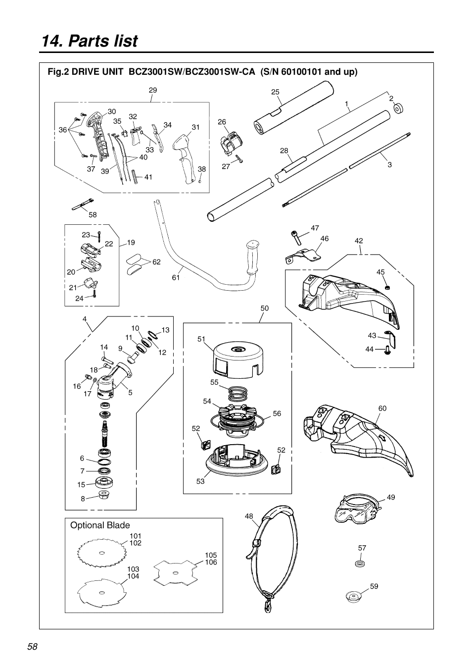Parts list | Zenoah BCZ3001S-CA User Manual | Page 58 / 68