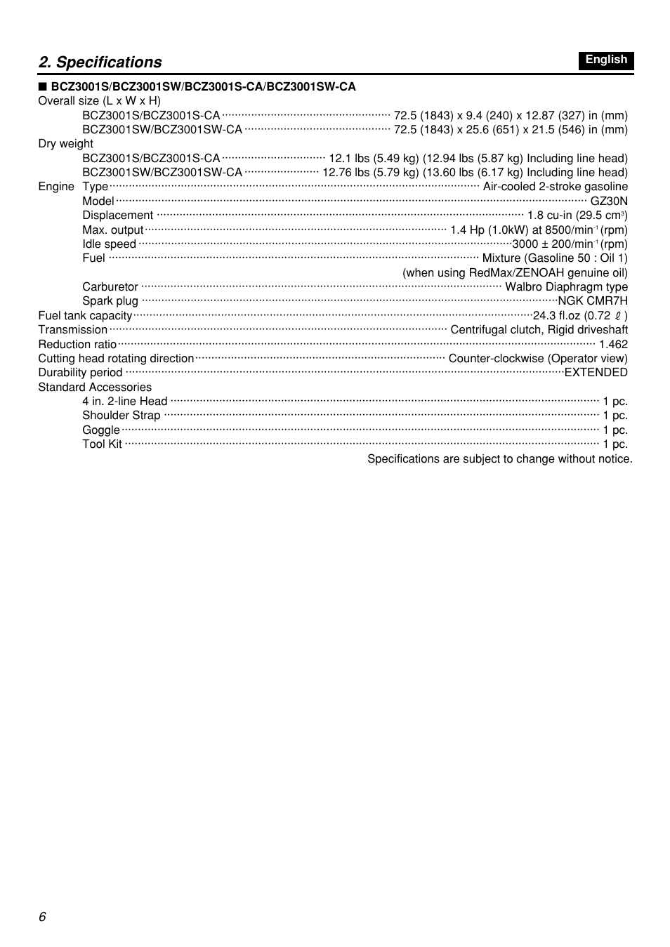 Specifications | Zenoah BCZ3001S-CA User Manual | Page 6 / 68