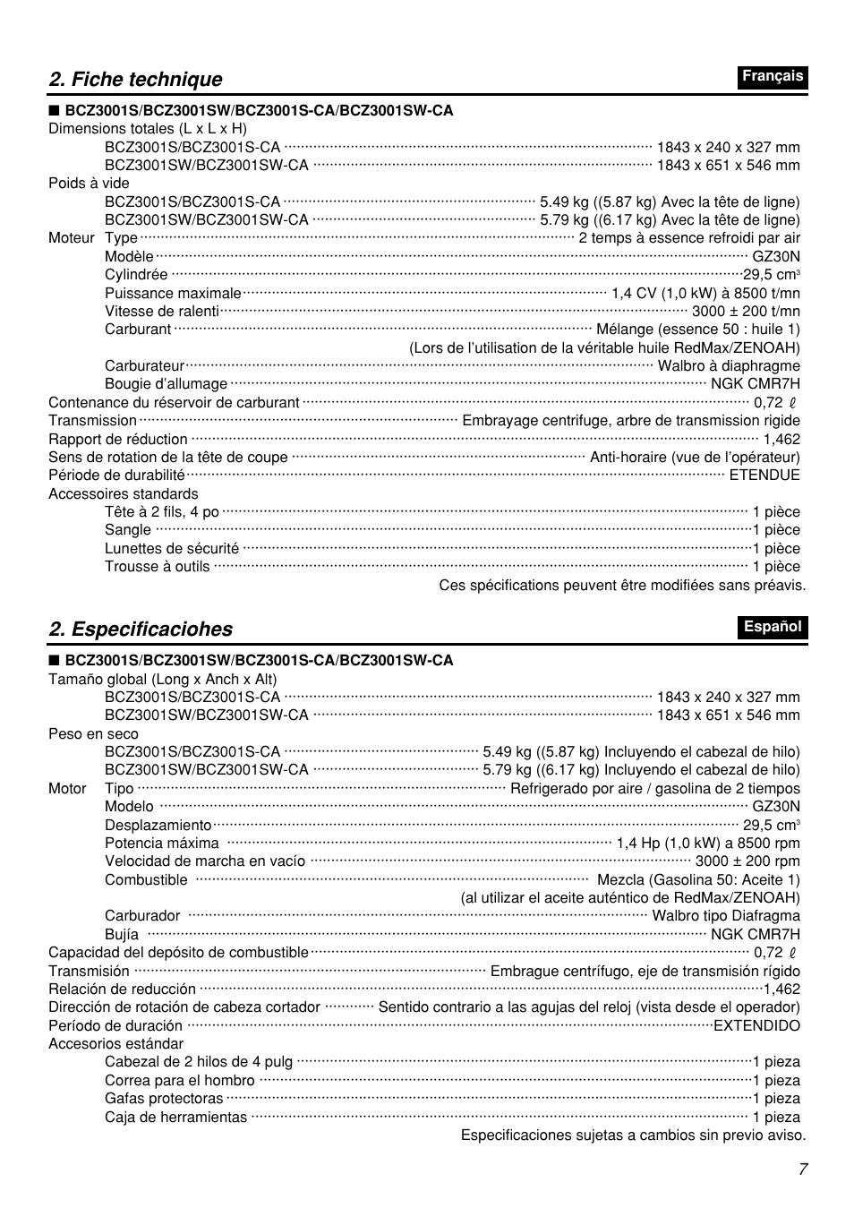 Fiche technique, Especificaciohes | Zenoah BCZ3001S-CA User Manual | Page 7 / 68