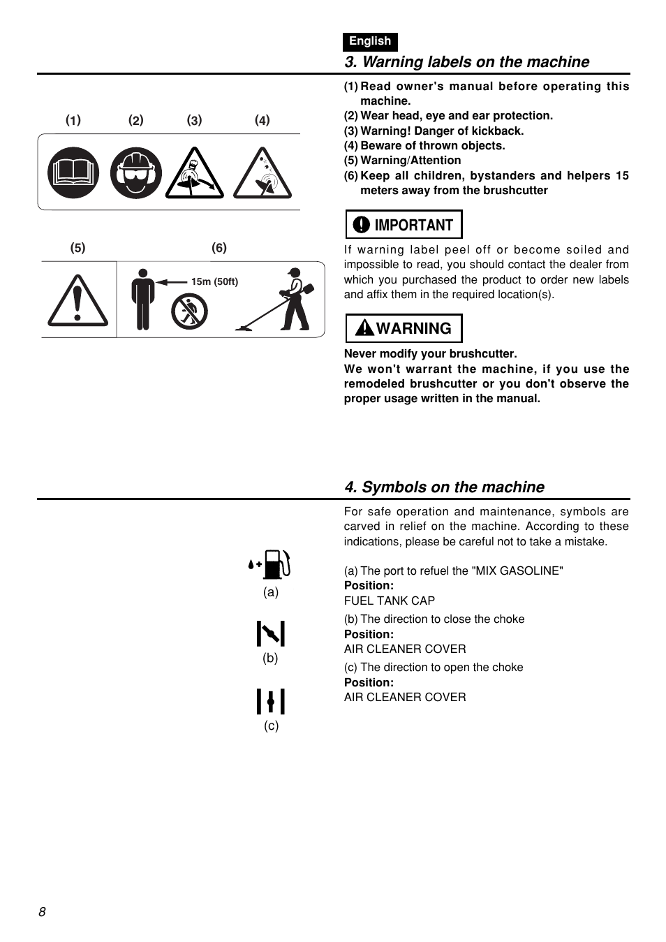 Warning labels on the machine, Warning important 4. symbols on the machine | Zenoah BCZ3001S-CA User Manual | Page 8 / 68