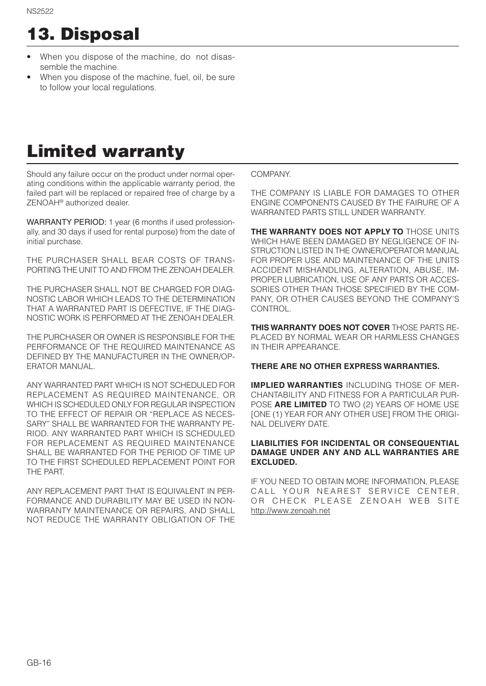 Limited warranty, Disposal | Zenoah NS2522 User Manual | Page 16 / 16