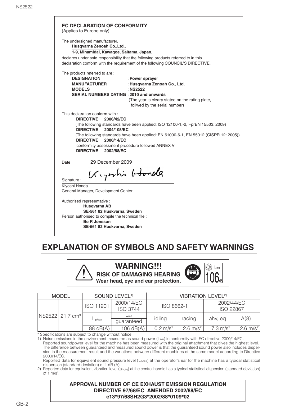 Explanation of symbols and safety warnings warning, Risk of damaging hearing | Zenoah NS2522 User Manual | Page 2 / 16
