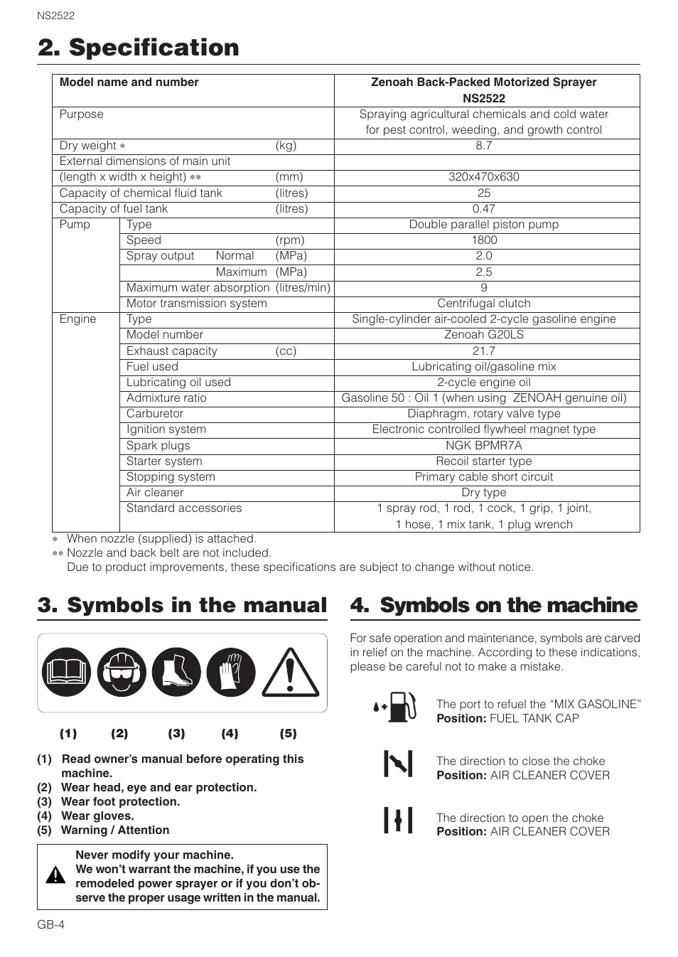 Specification, Symbols in the manual, Symbols on the machine | Zenoah NS2522 User Manual | Page 4 / 16