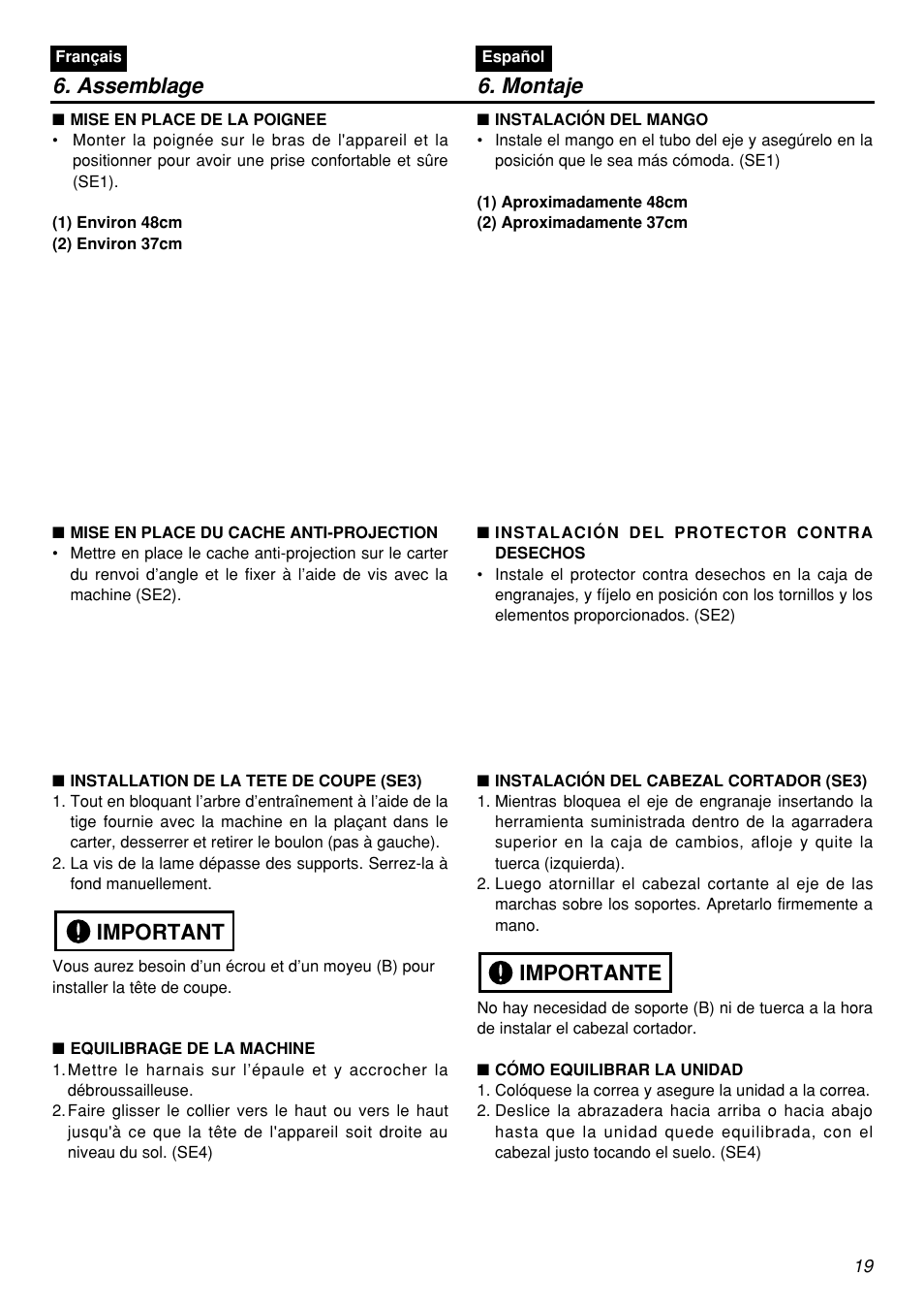 Assemblage 6. montaje, Important, Importante | Zenoah BCZ2601S User Manual | Page 19 / 64