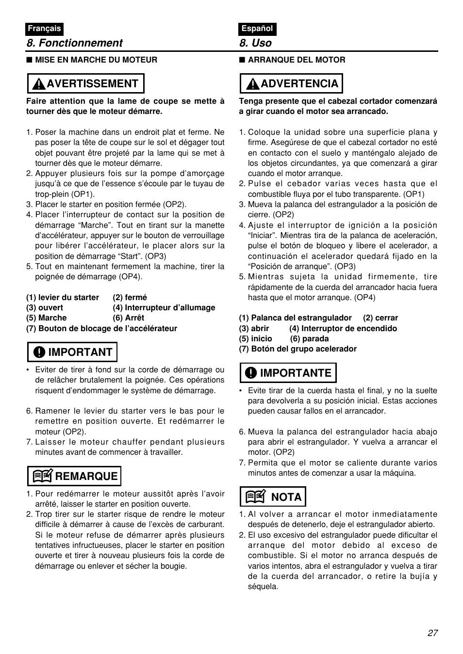 Fonctionnement 8. uso, Remarque important avertissement, Nota importante advertencia | Zenoah BCZ2601S User Manual | Page 27 / 64