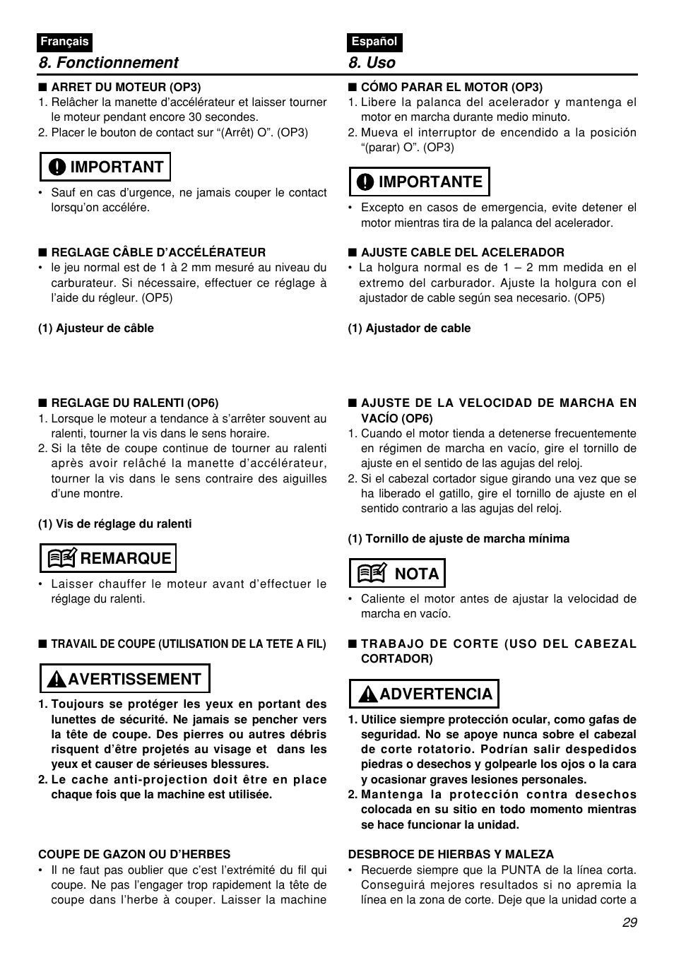Fonctionnement 8. uso, Avertissement remarque important, Advertencia nota importante | Zenoah BCZ2601S User Manual | Page 29 / 64