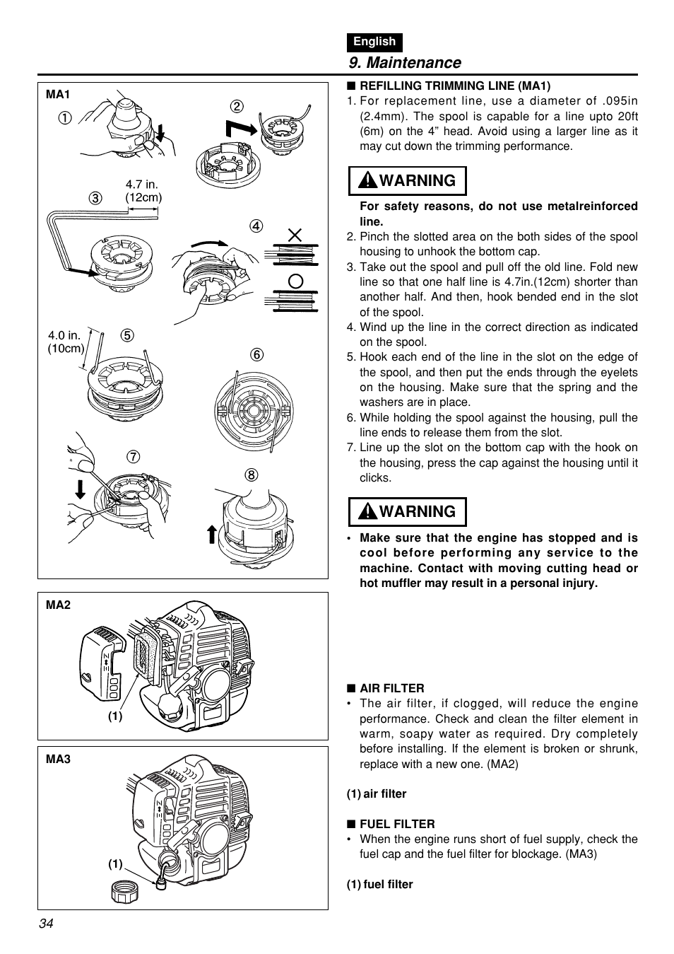 Maintenance, Warning | Zenoah BCZ2601S User Manual | Page 34 / 64