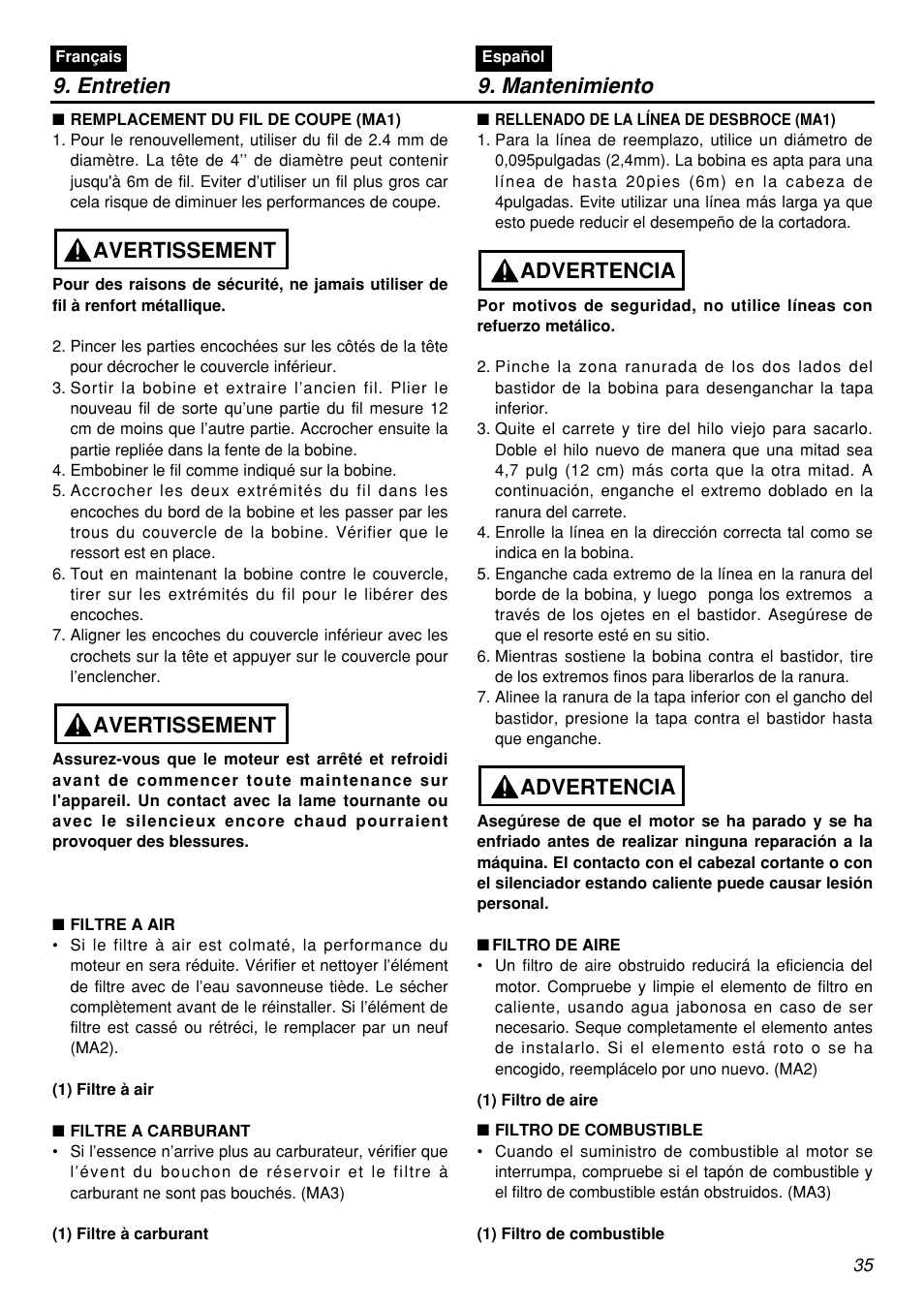 Entretien 9. mantenimiento, Avertissement, Advertencia | Zenoah BCZ2601S User Manual | Page 35 / 64