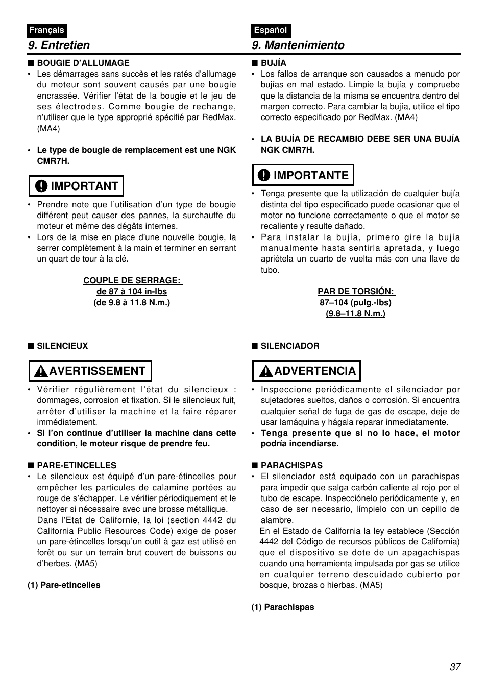 Entretien 9. mantenimiento, Avertissement important, Advertencia importante | Zenoah BCZ2601S User Manual | Page 37 / 64