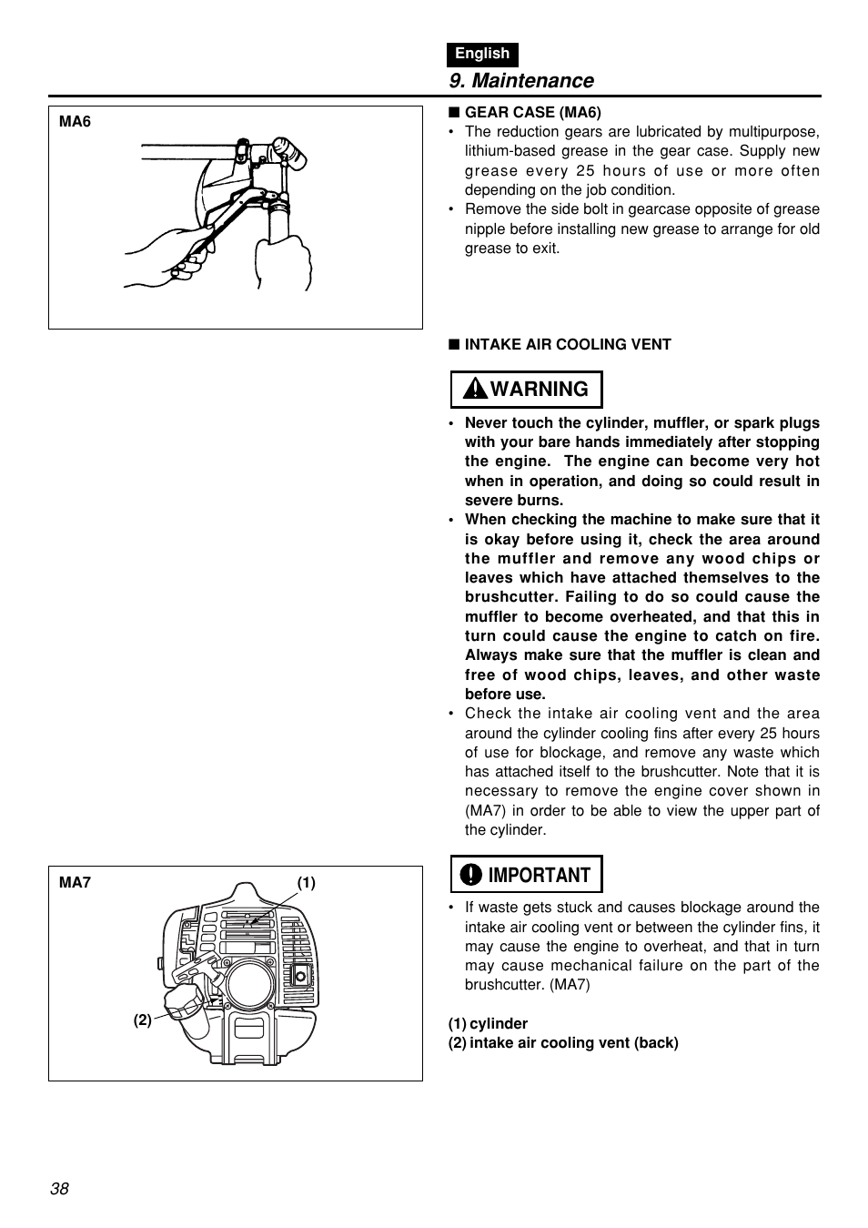 Maintenance, Important warning | Zenoah BCZ2601S User Manual | Page 38 / 64