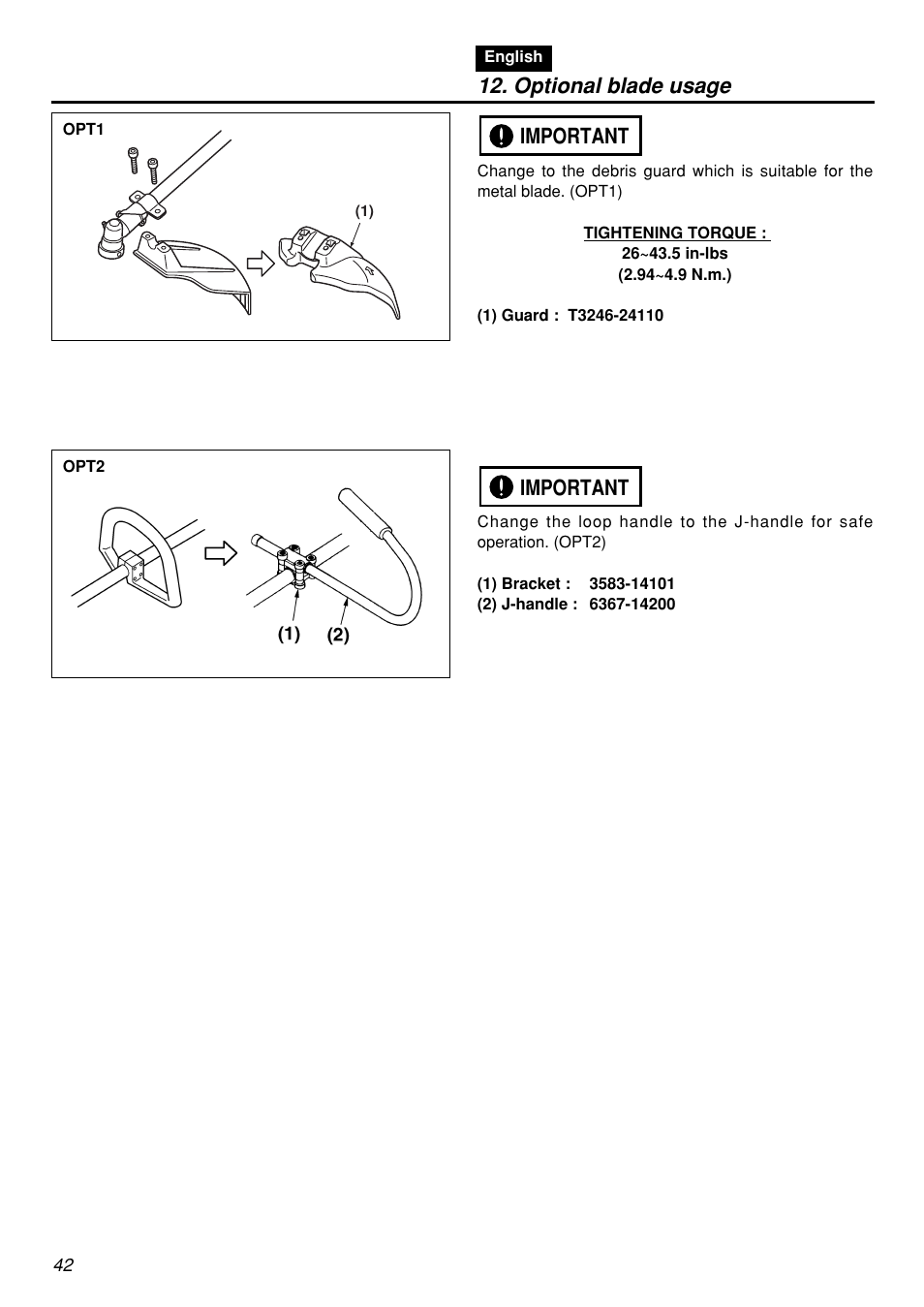 Optional blade usage, Important | Zenoah BCZ2601S User Manual | Page 42 / 64