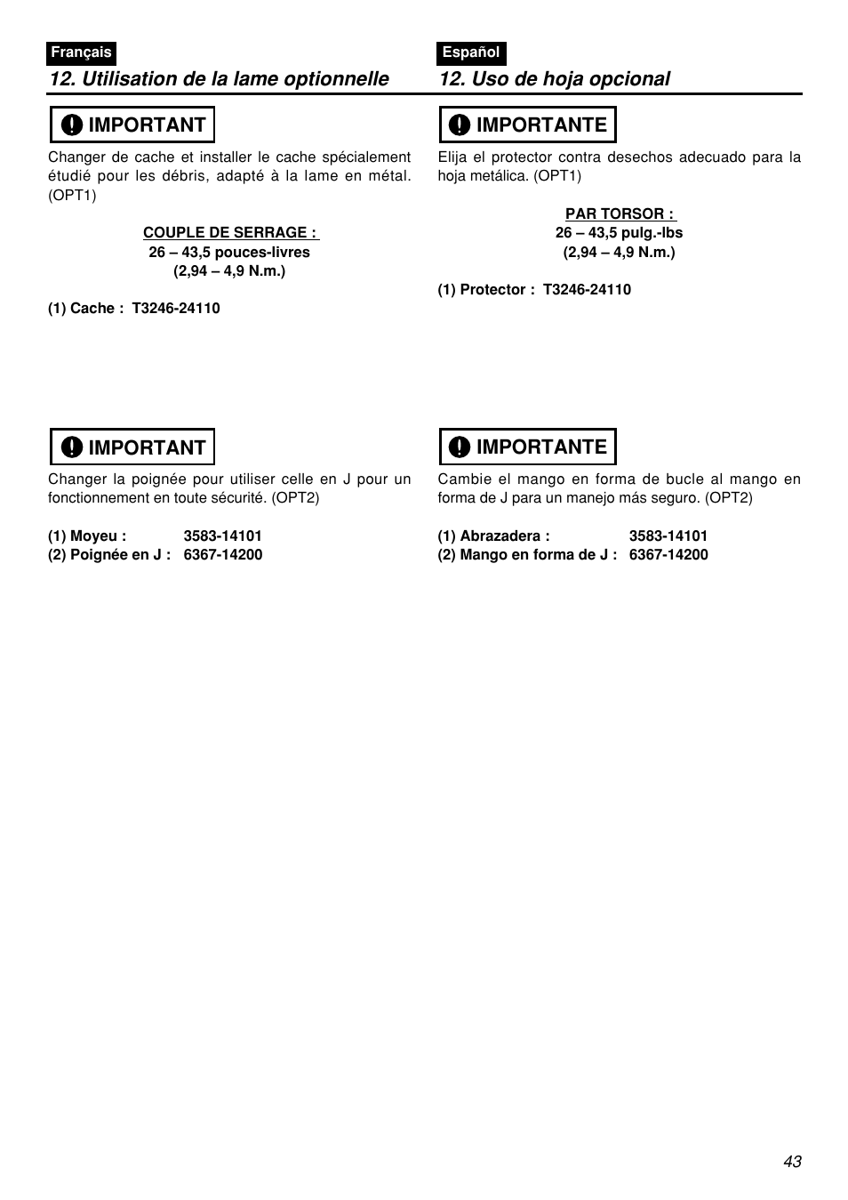 Important, Importante | Zenoah BCZ2601S User Manual | Page 43 / 64