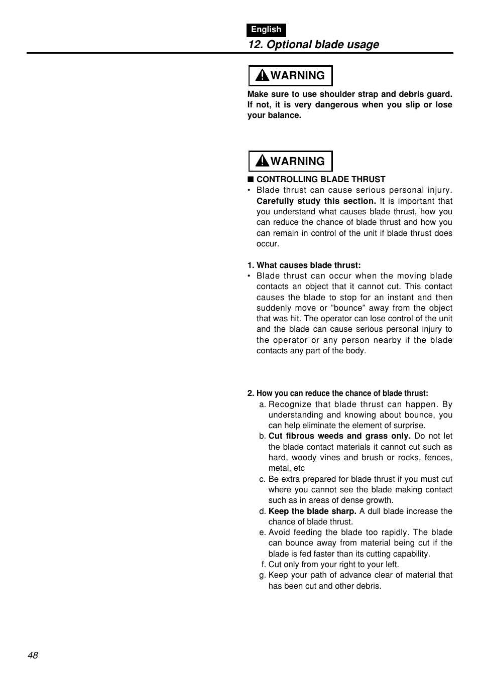 Optional blade usage, Warning | Zenoah BCZ2601S User Manual | Page 48 / 64