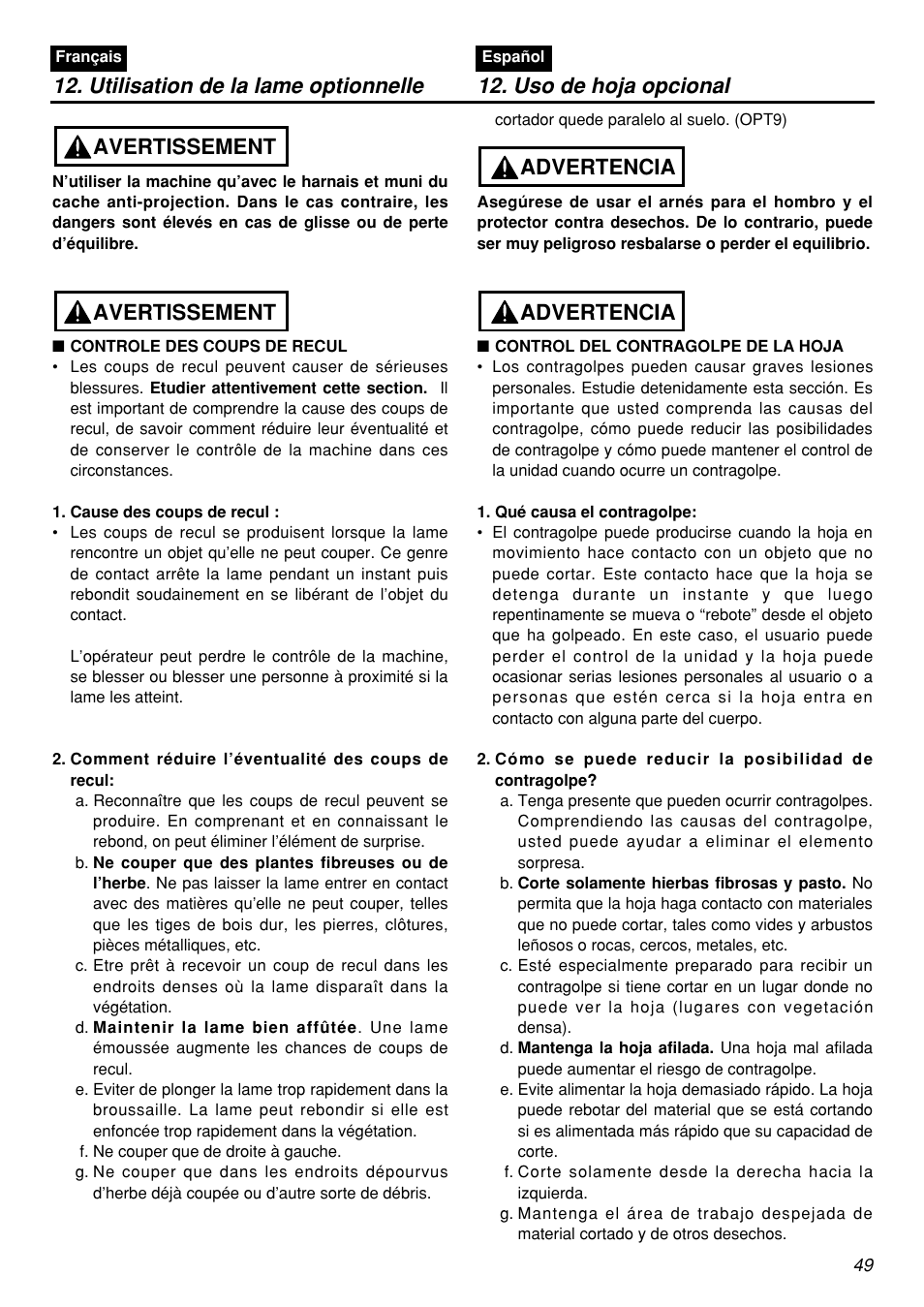 Avertissement, Advertencia | Zenoah BCZ2601S User Manual | Page 49 / 64