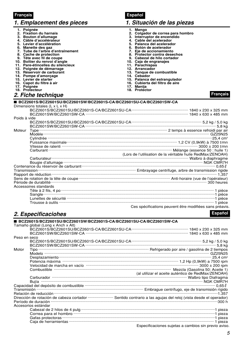 Emplacement des pieces 1. situación de las piezas, Fiche technique, Especificaciohes | Zenoah BCZ2601S User Manual | Page 5 / 64