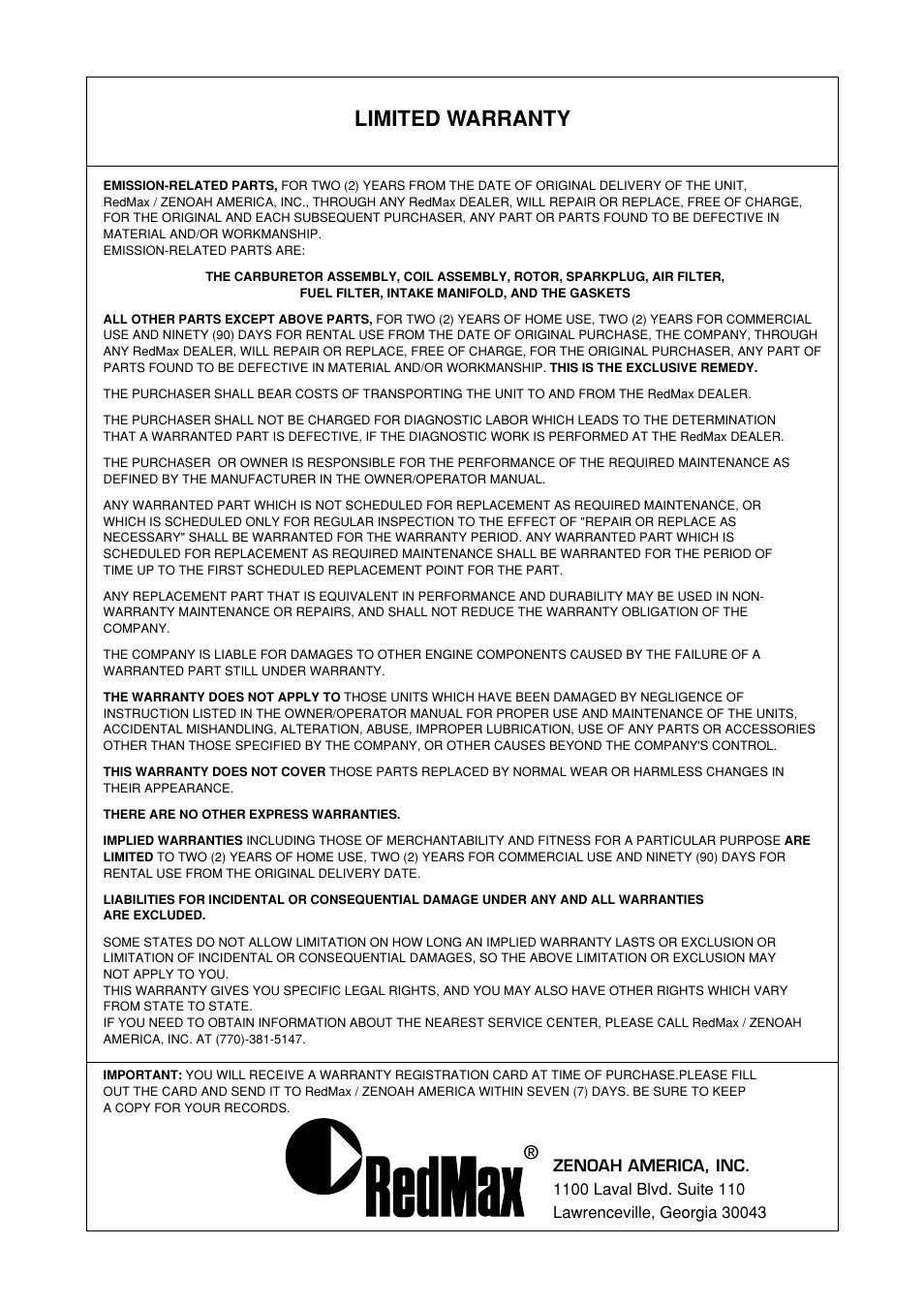 Limited warranty | Zenoah BCZ2601S User Manual | Page 61 / 64