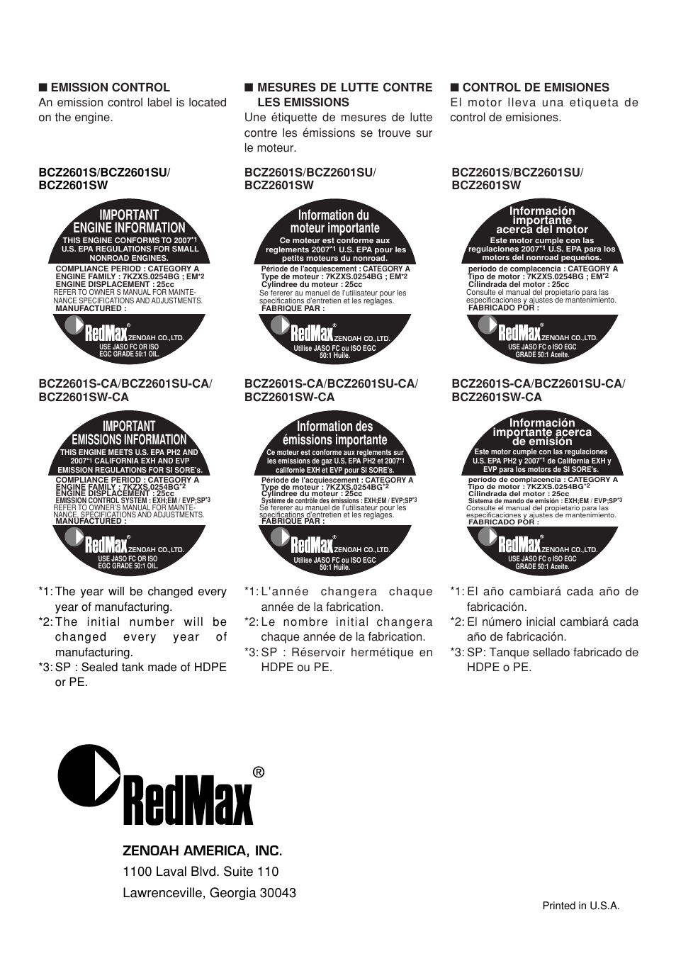 Important engine information, Important emissions information, Information du moteur importante | Information des émissions importante | Zenoah BCZ2601S User Manual | Page 64 / 64