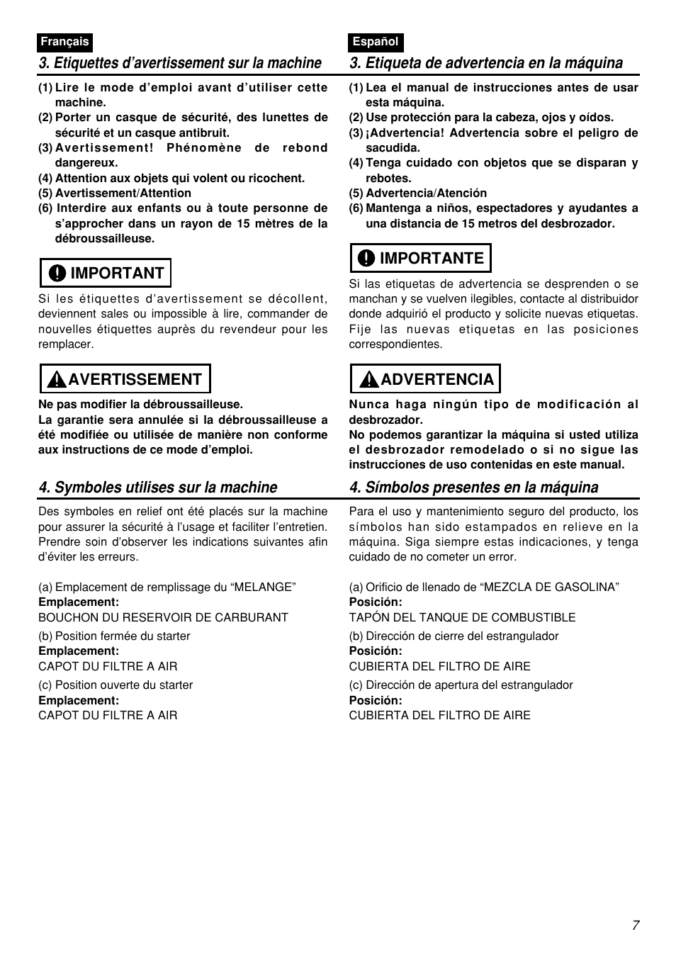 Avertissement important, Advertencia importante | Zenoah BCZ2601S User Manual | Page 7 / 64