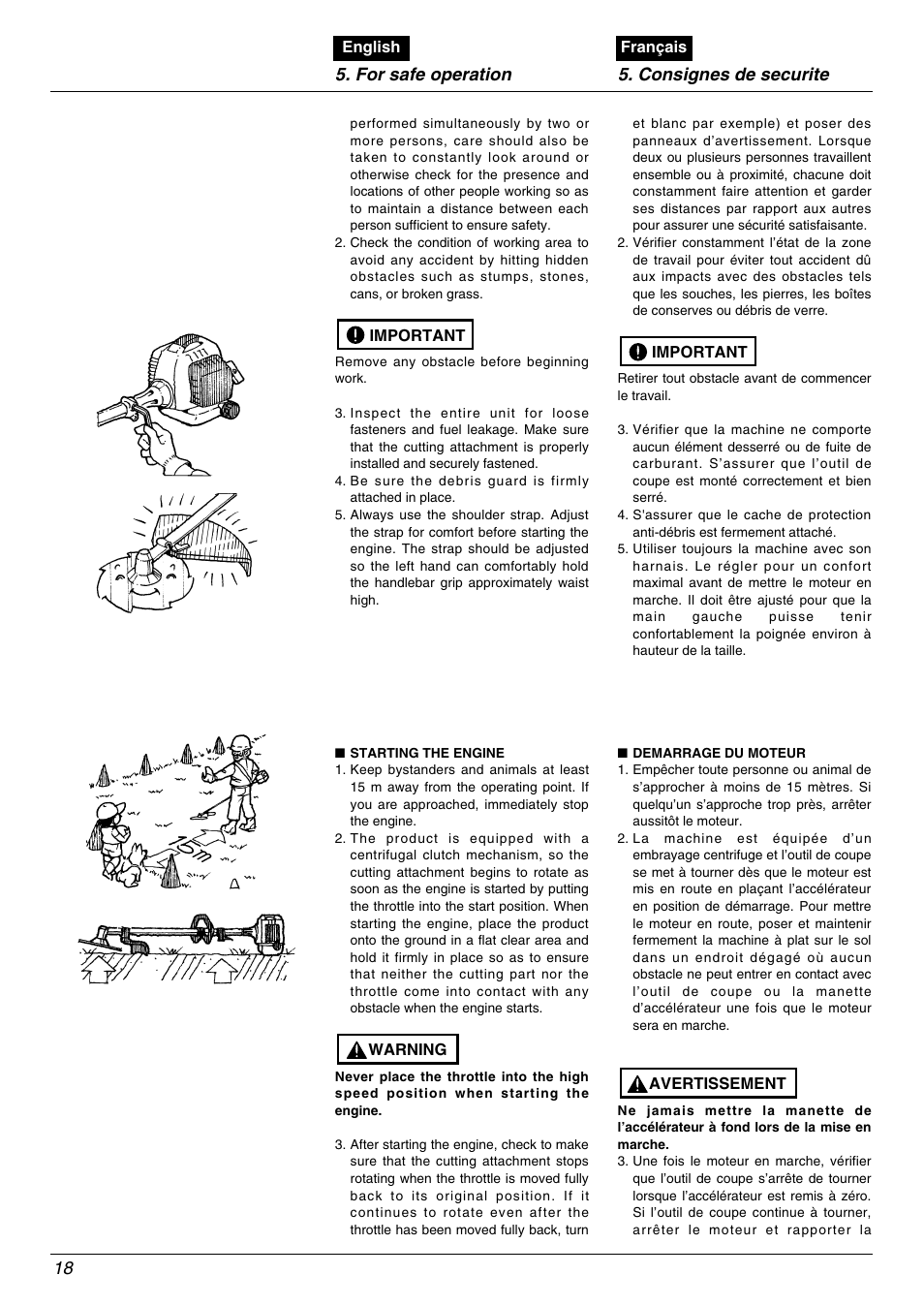 For safe operation 5. consignes de securite | Zenoah BC4500DLM User Manual | Page 18 / 60