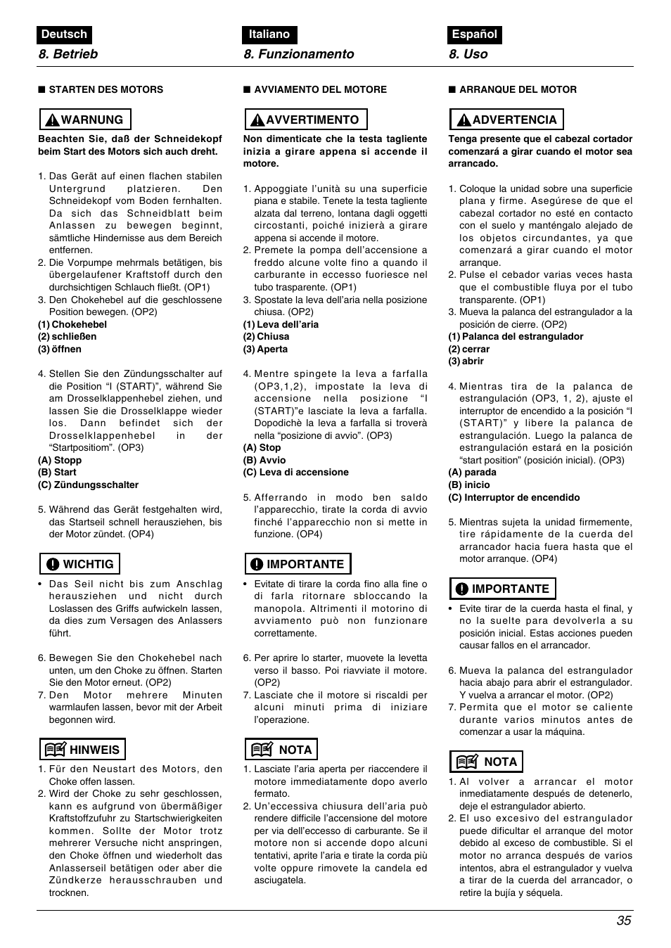 Betrieb 8. funzionamento 8. uso 35 | Zenoah BC4500DLM User Manual | Page 35 / 60