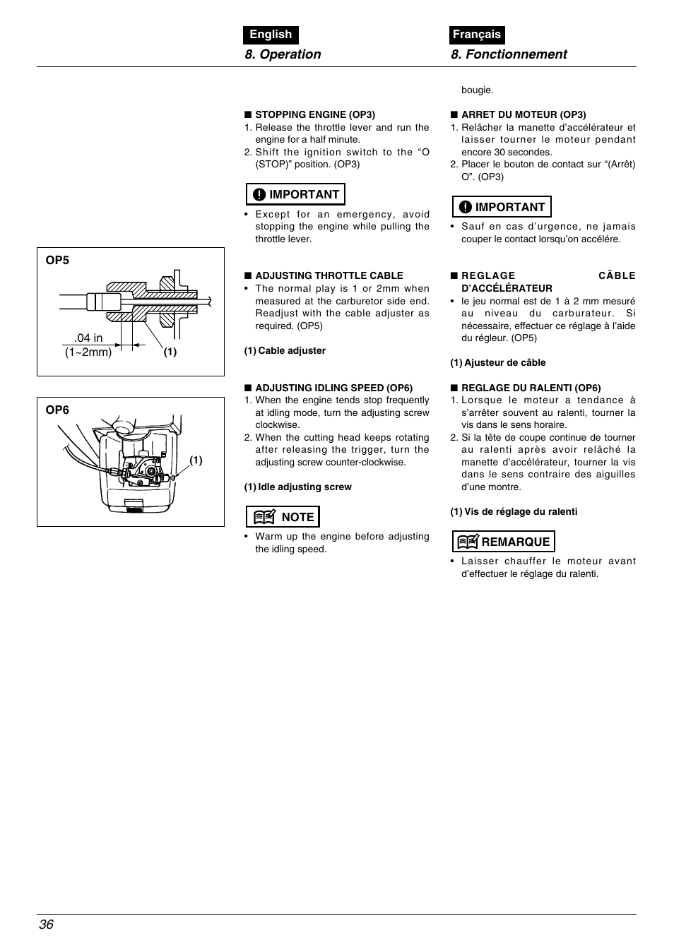Operation 8. fonctionnement 36 | Zenoah BC4500DLM User Manual | Page 36 / 60
