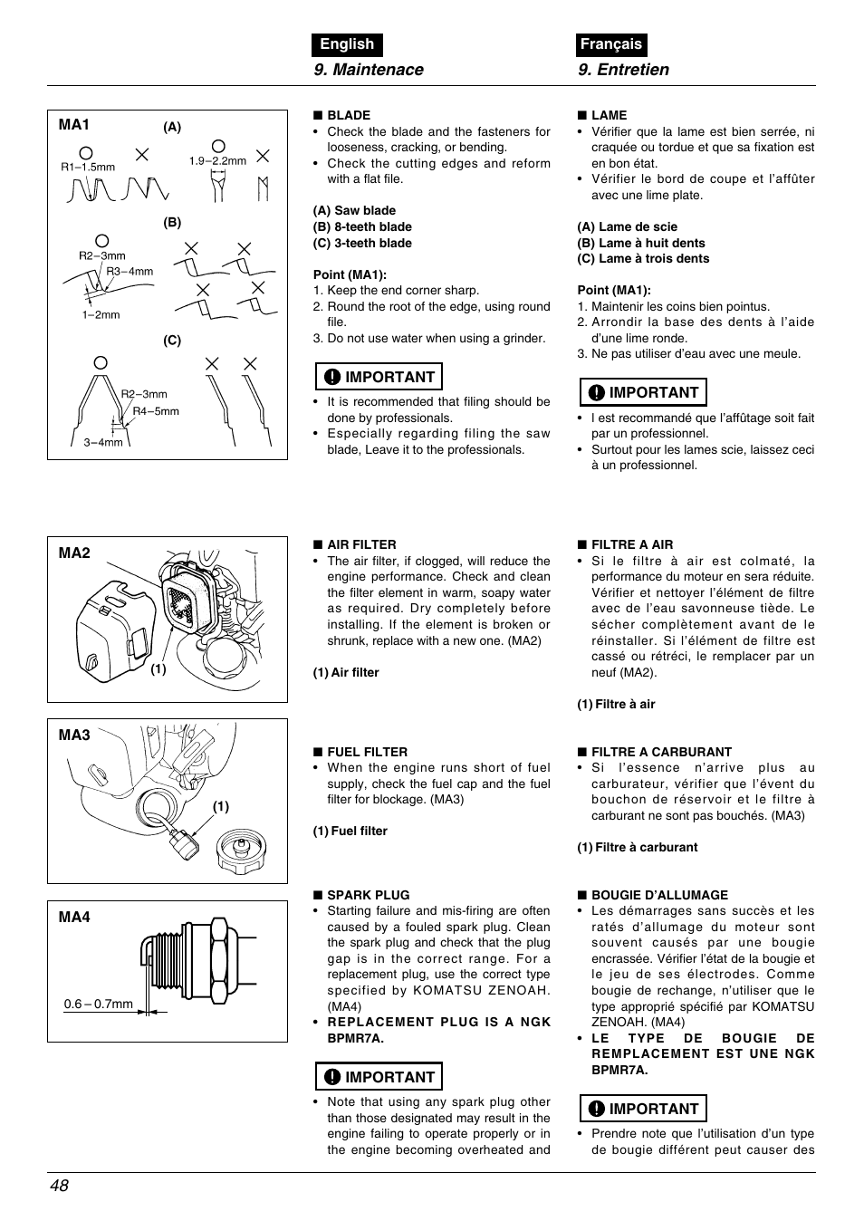 Maintenace 9. entretien 48 | Zenoah BC4500DLM User Manual | Page 48 / 60