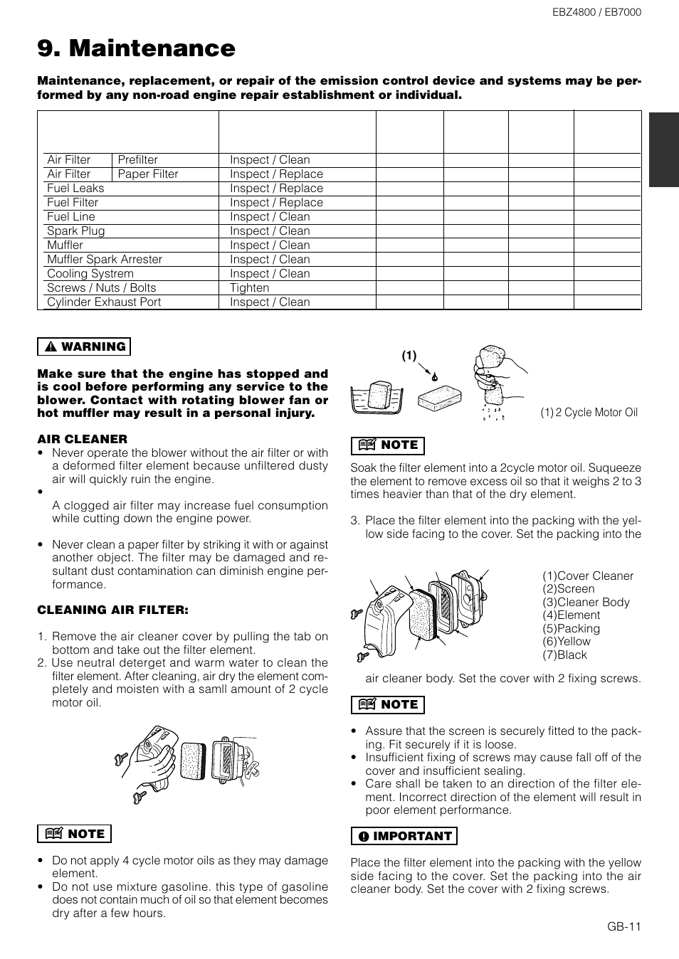 Maintenance | Zenoah EB7000 User Manual | Page 11 / 14