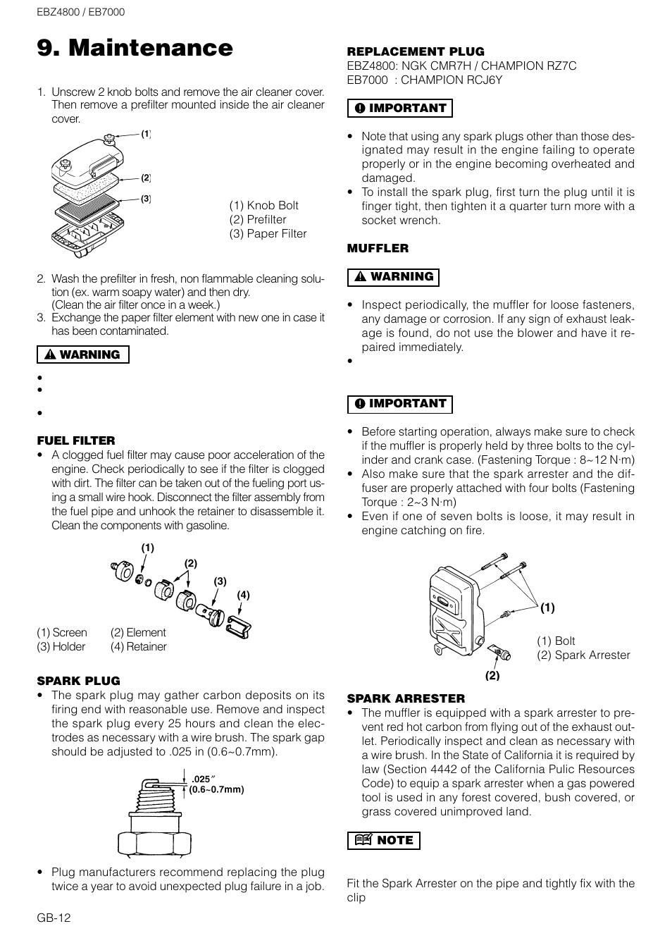 Maintenance | Zenoah EB7000 User Manual | Page 12 / 14