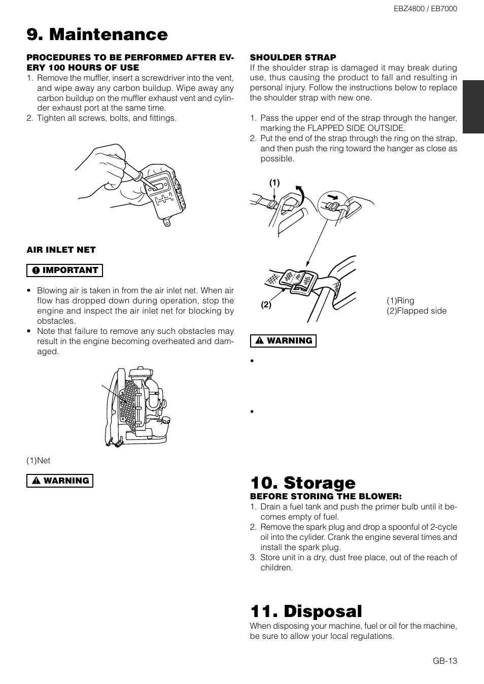 Maintenance, Disposal, Storage | Zenoah EB7000 User Manual | Page 13 / 14