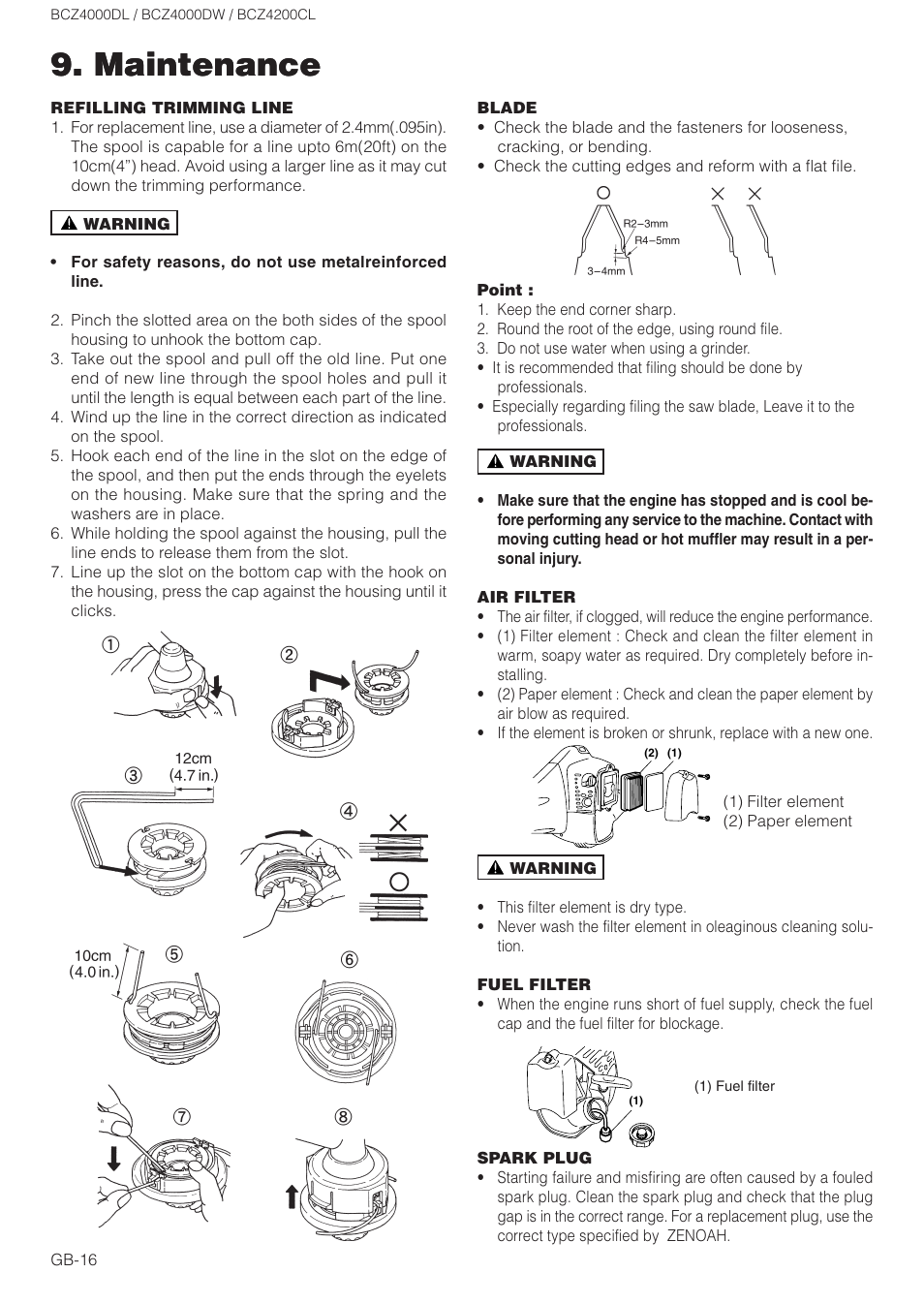 Maintenance | Zenoah BCZ4000DL User Manual | Page 16 / 18