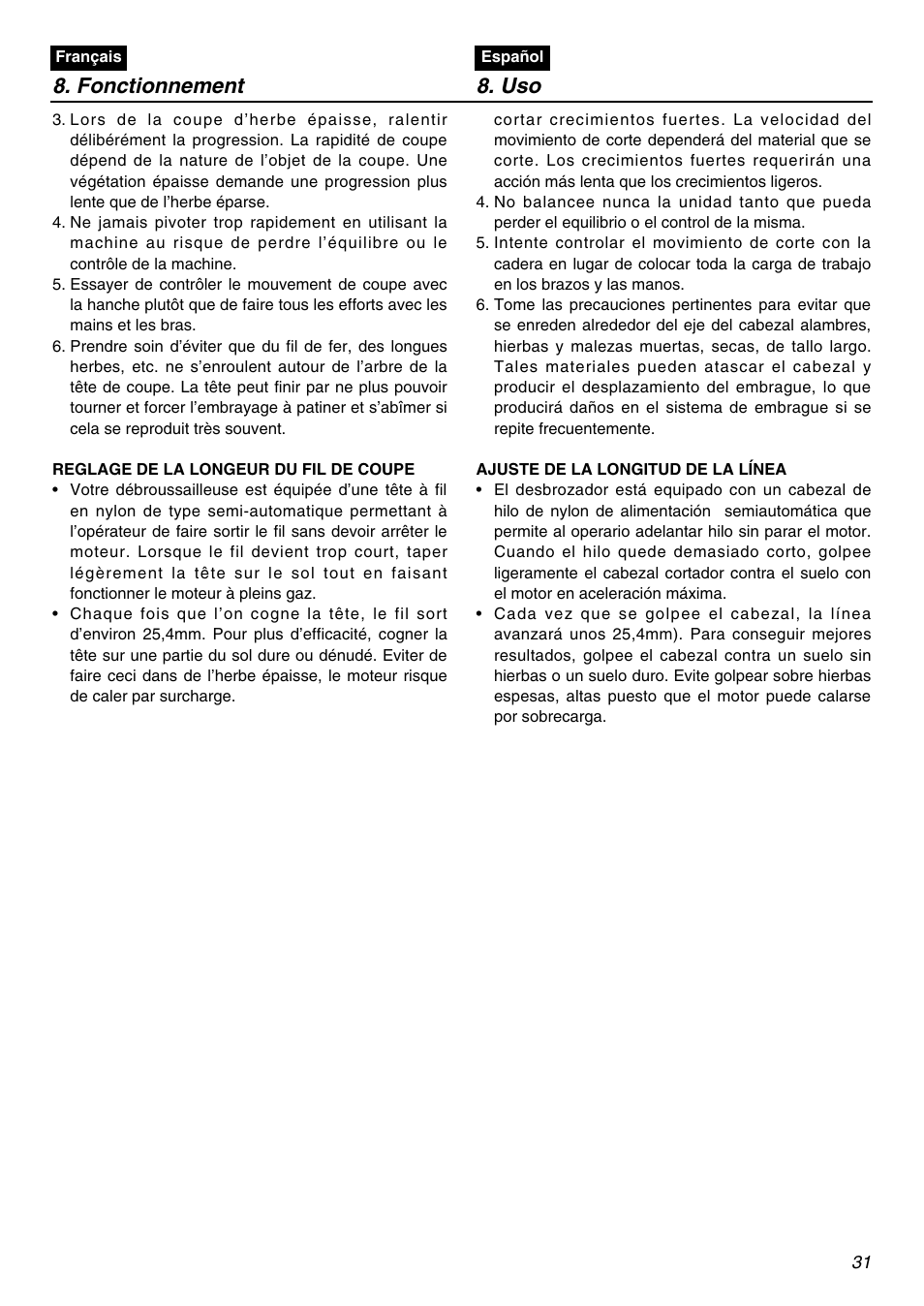 Fonctionnement 8. uso | Zenoah BCZ2401S-CA User Manual | Page 31 / 64