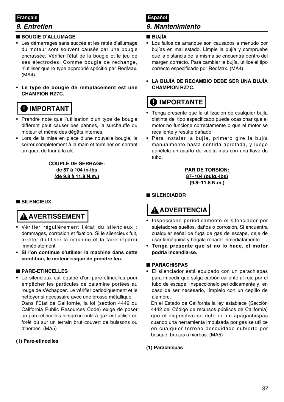 Entretien 9. mantenimiento, Avertissement important, Advertencia importante | Zenoah BCZ2401S-CA User Manual | Page 37 / 64