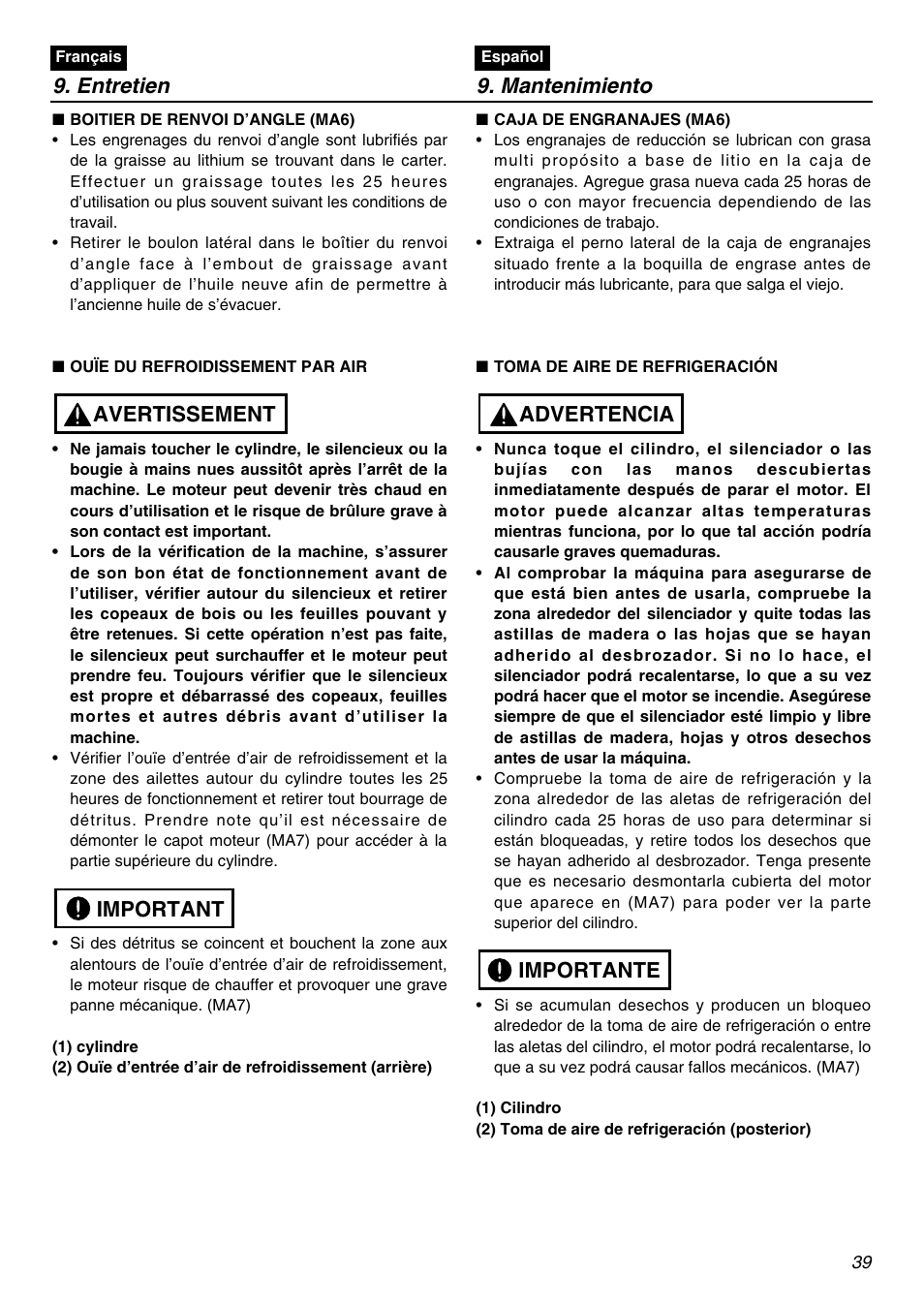 Entretien 9. mantenimiento, Important avertissement, Importante advertencia | Zenoah BCZ2401S-CA User Manual | Page 39 / 64