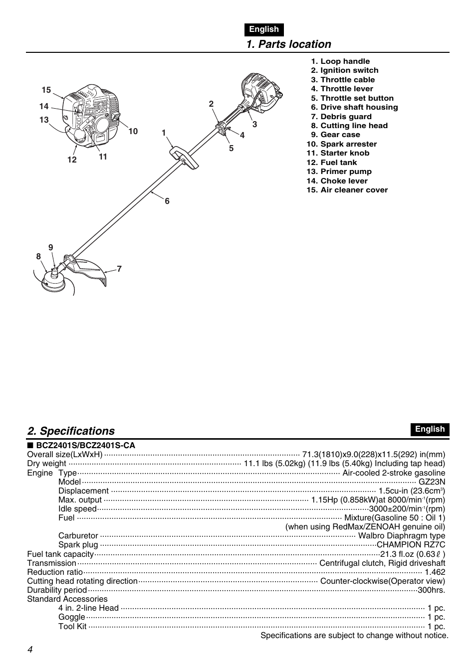Parts location, Specifications | Zenoah BCZ2401S-CA User Manual | Page 4 / 64