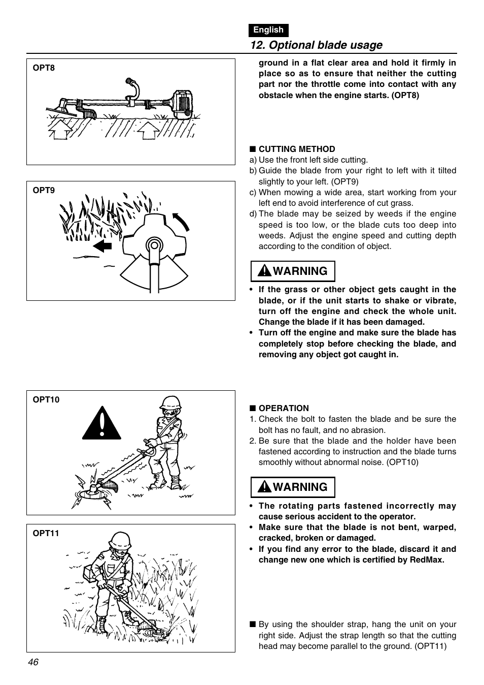 Optional blade usage, Warning | Zenoah BCZ2401S-CA User Manual | Page 46 / 64